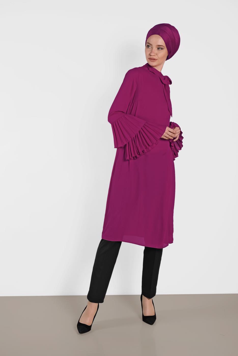 Tesettür giyim MOR ALVİNA KOL KISMI PİLELİ TUNİK 4285
