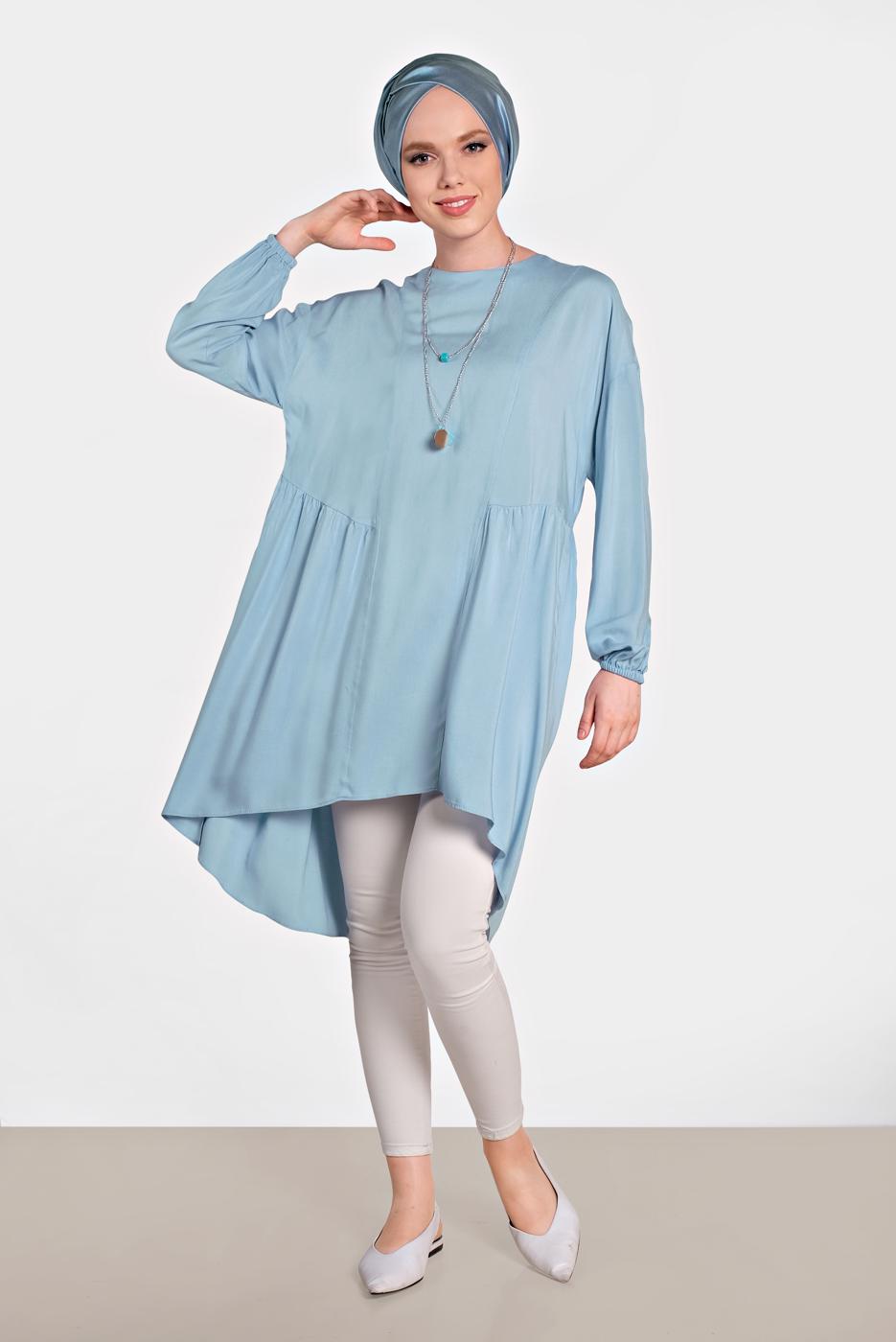 Tesettür giyim MAVİ ALVİNA PİLİSE DETAYLI SALAŞ TUNİK 4300