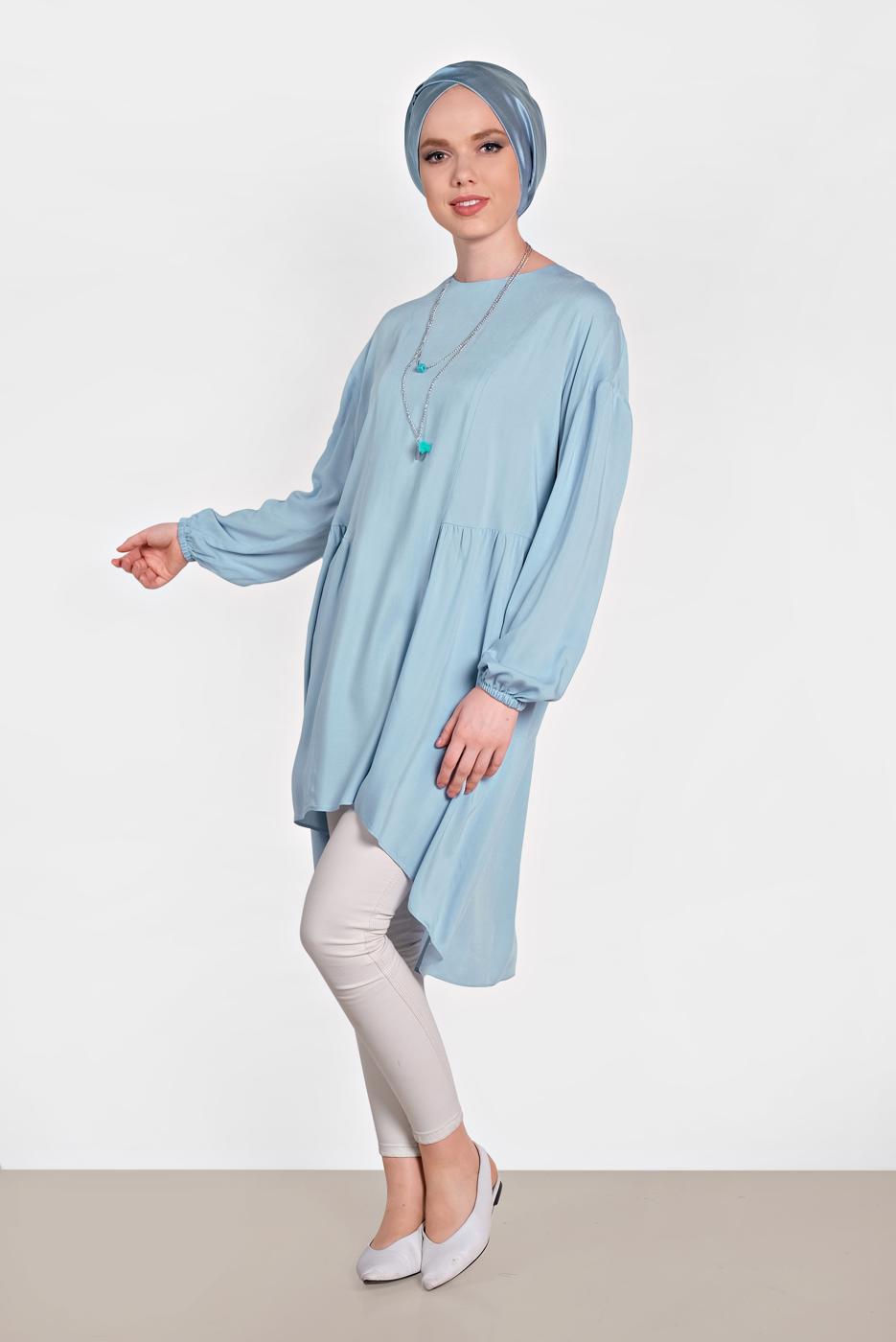 Tesettür giyim MAVİ ALVİNA PİLİSE DETAYLI SALAŞ TUNİK 4300