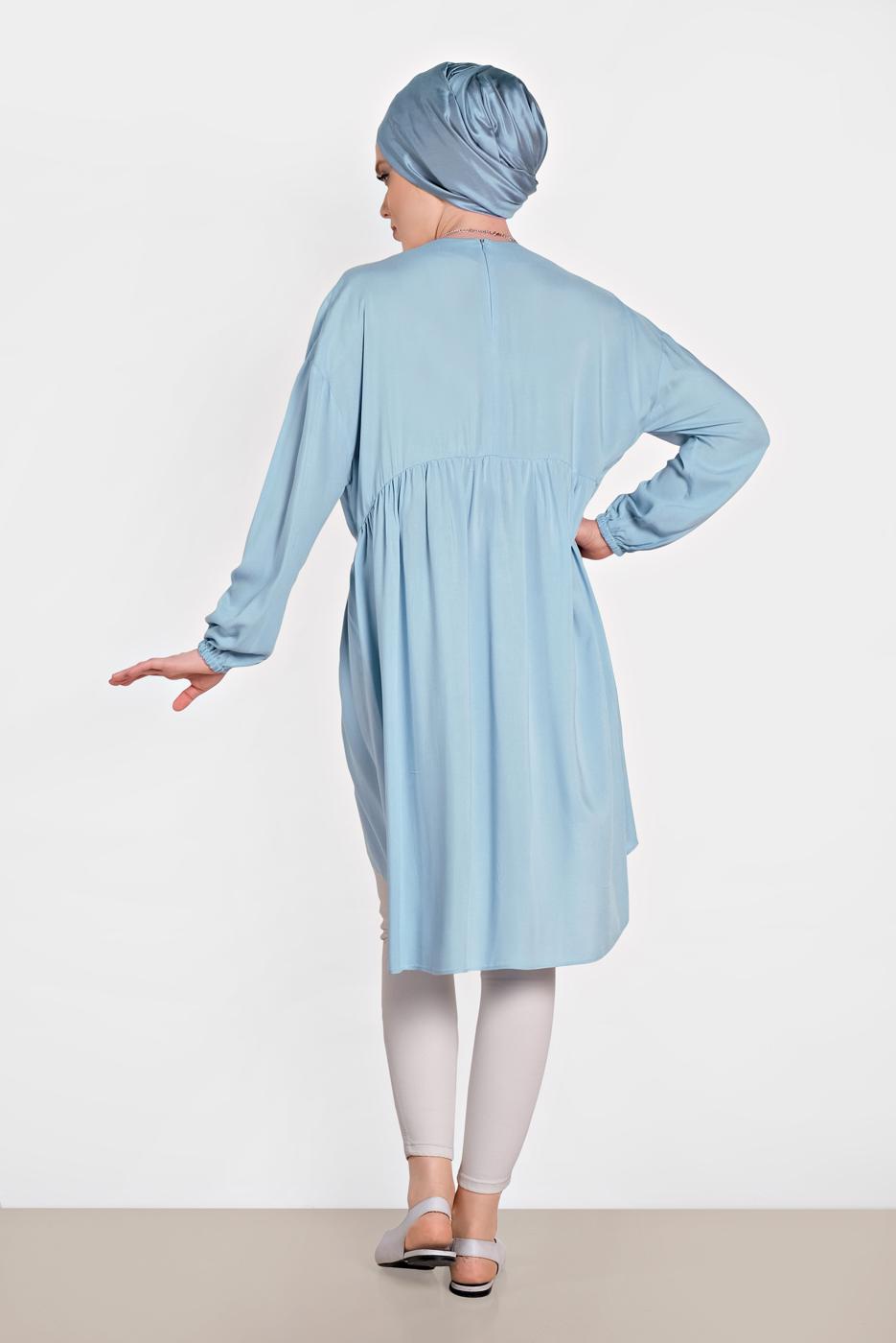Tesettür giyim MAVİ ALVİNA PİLİSE DETAYLI SALAŞ TUNİK 4300