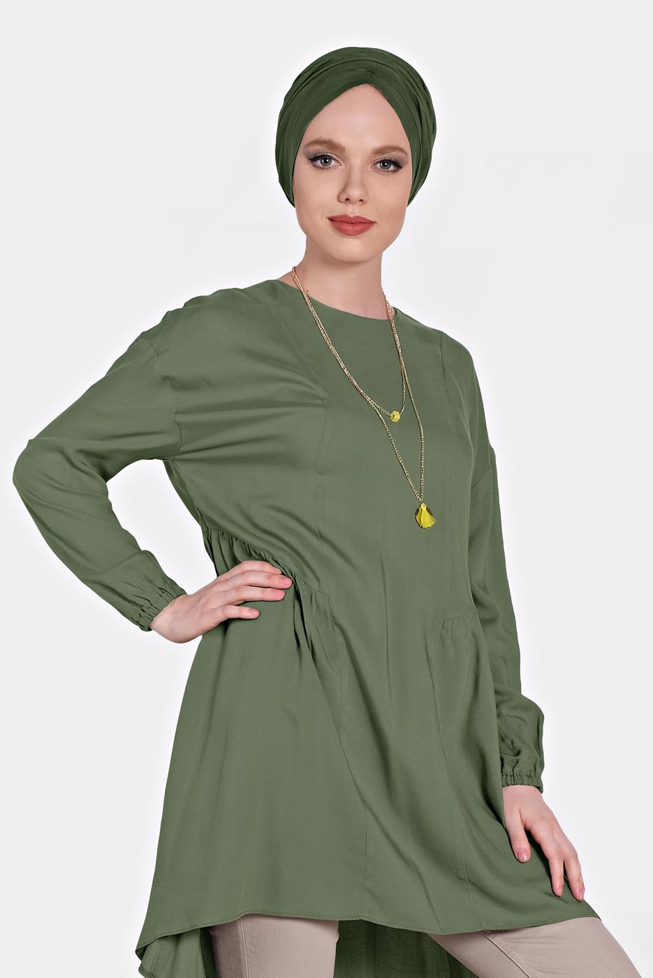 Tesettür giyim HAKİ ALVİNA PİLİSE DETAYLI SALAŞ TUNİK 4300