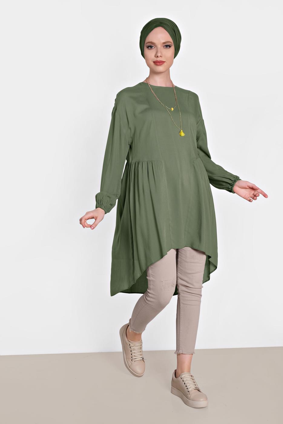 Tesettür giyim HAKİ ALVİNA PİLİSE DETAYLI SALAŞ TUNİK 4300