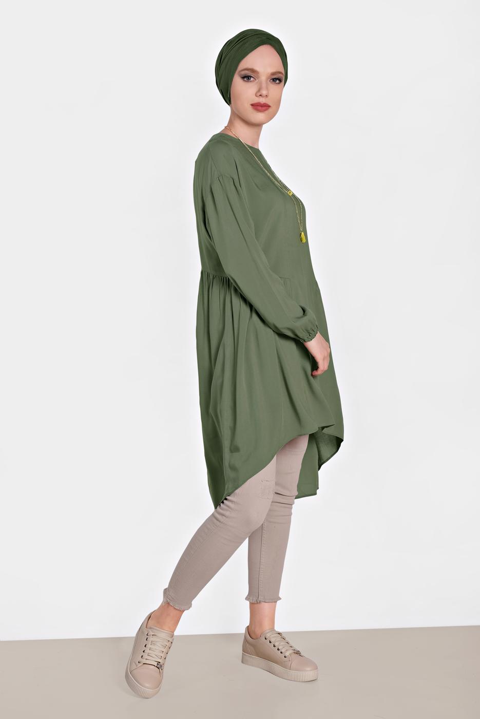 Tesettür giyim HAKİ ALVİNA PİLİSE DETAYLI SALAŞ TUNİK 4300