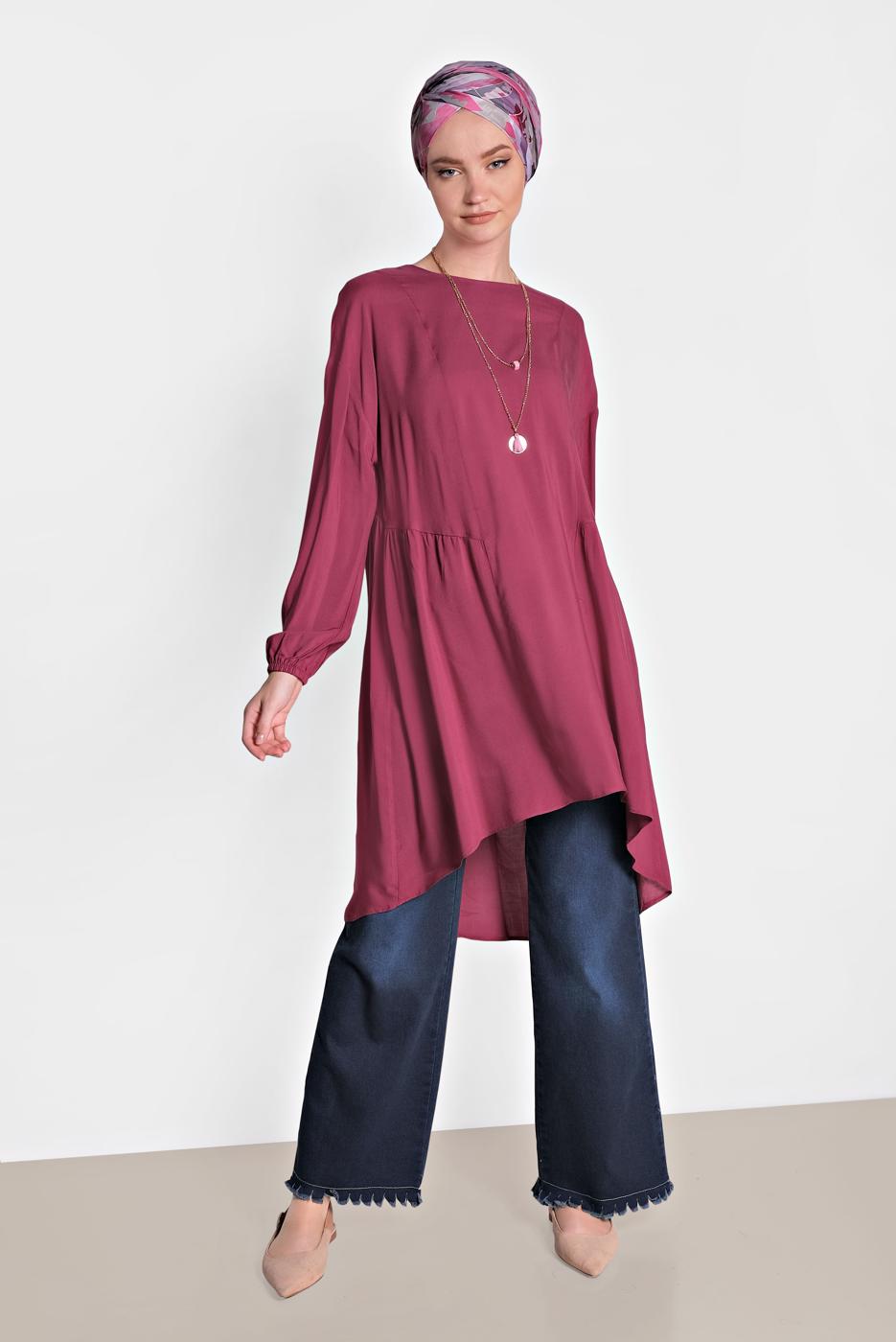 Tesettür giyim MOR ALVİNA PİLİSE DETAYLI SALAŞ TUNİK 4300