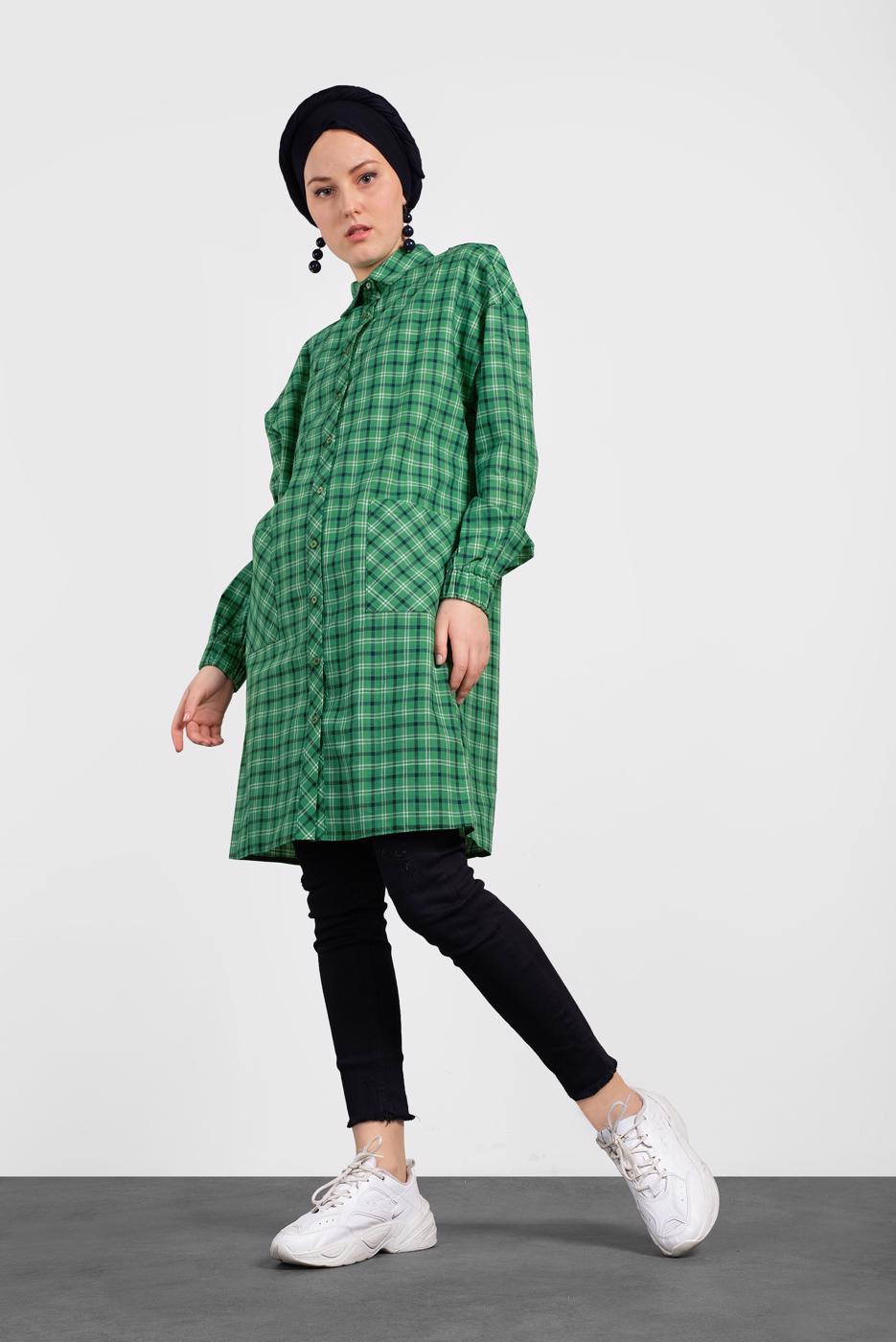 Tesettür giyim YEŞİL ALVİNA EKOSE DESENLİ TUNİK 4305