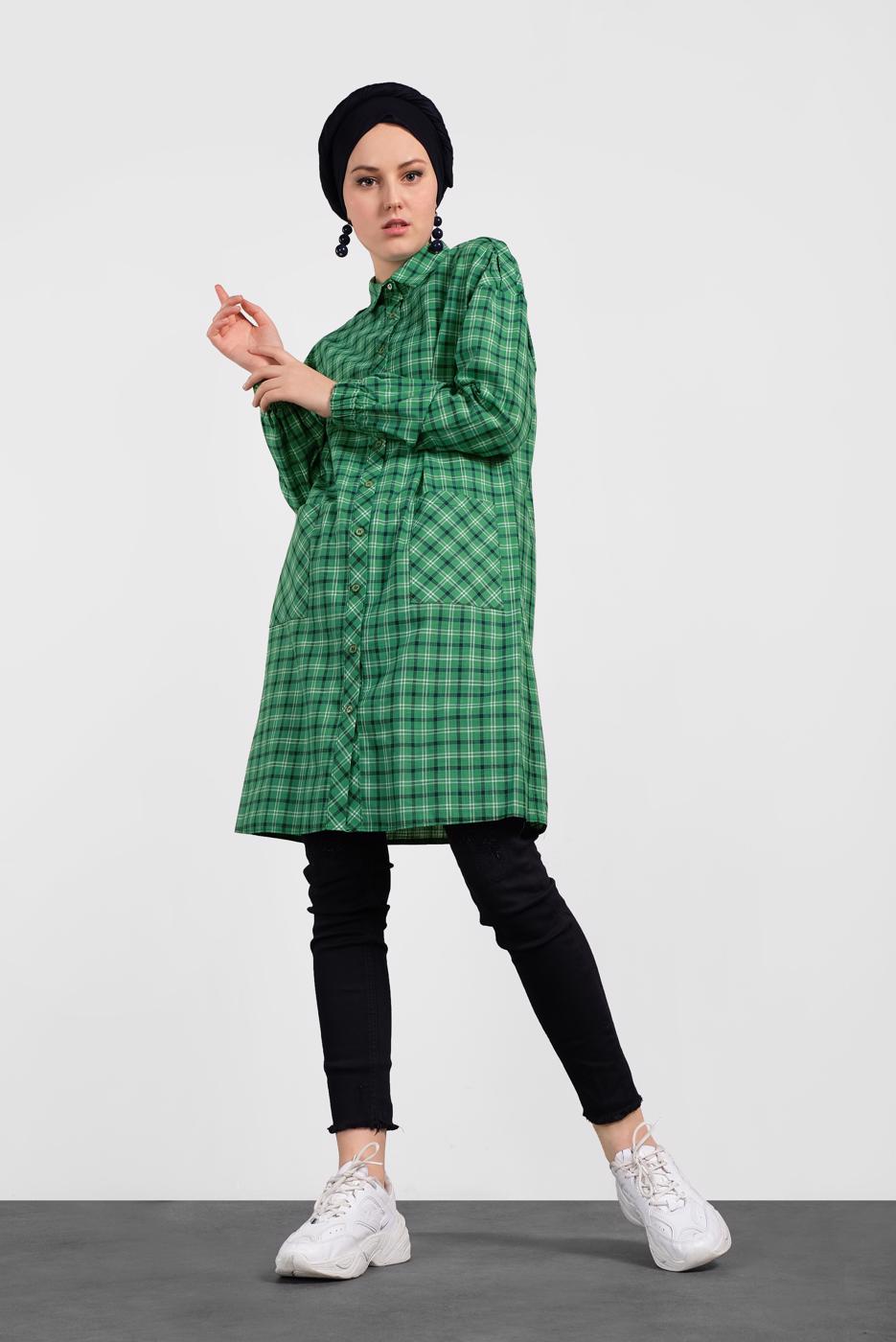 Tesettür giyim YEŞİL ALVİNA EKOSE DESENLİ TUNİK 4305