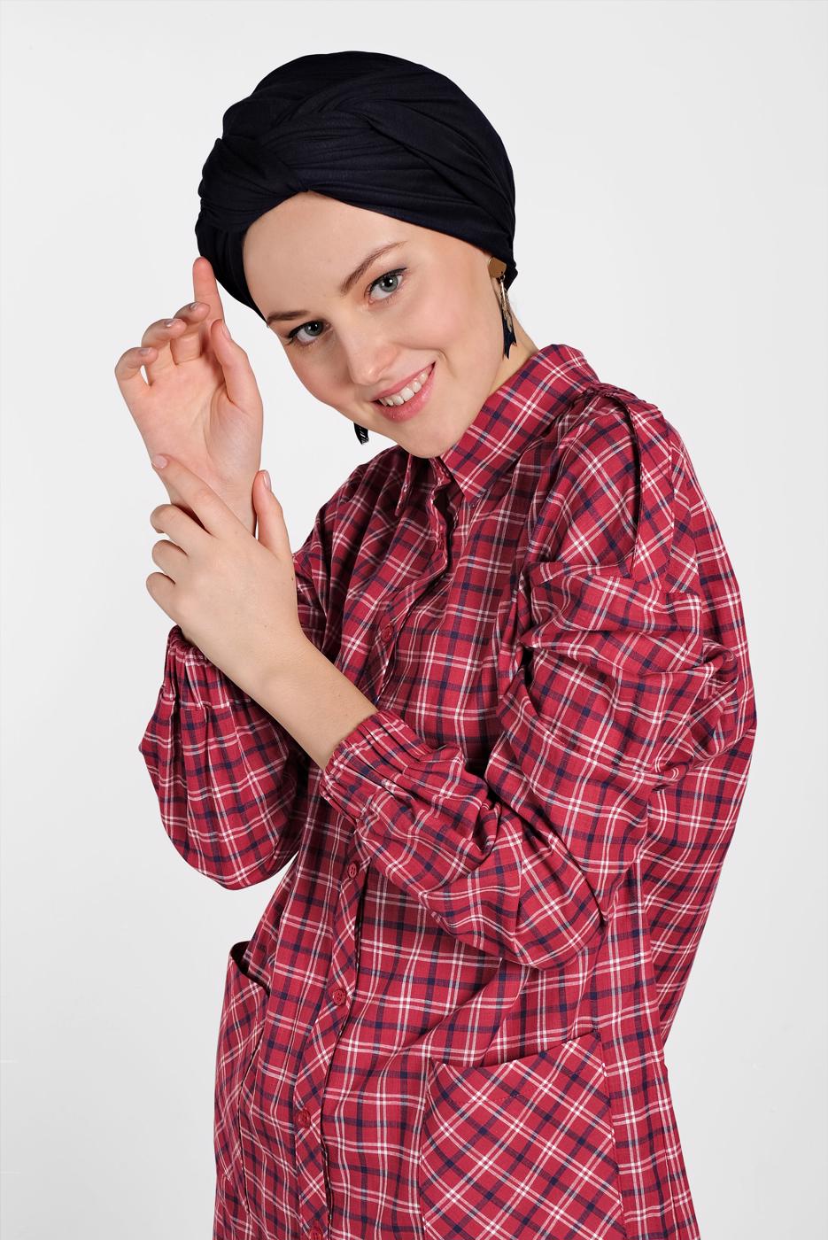 Tesettür giyim KIRMIZI ALVİNA EKOSE DESENLİ TUNİK 4305