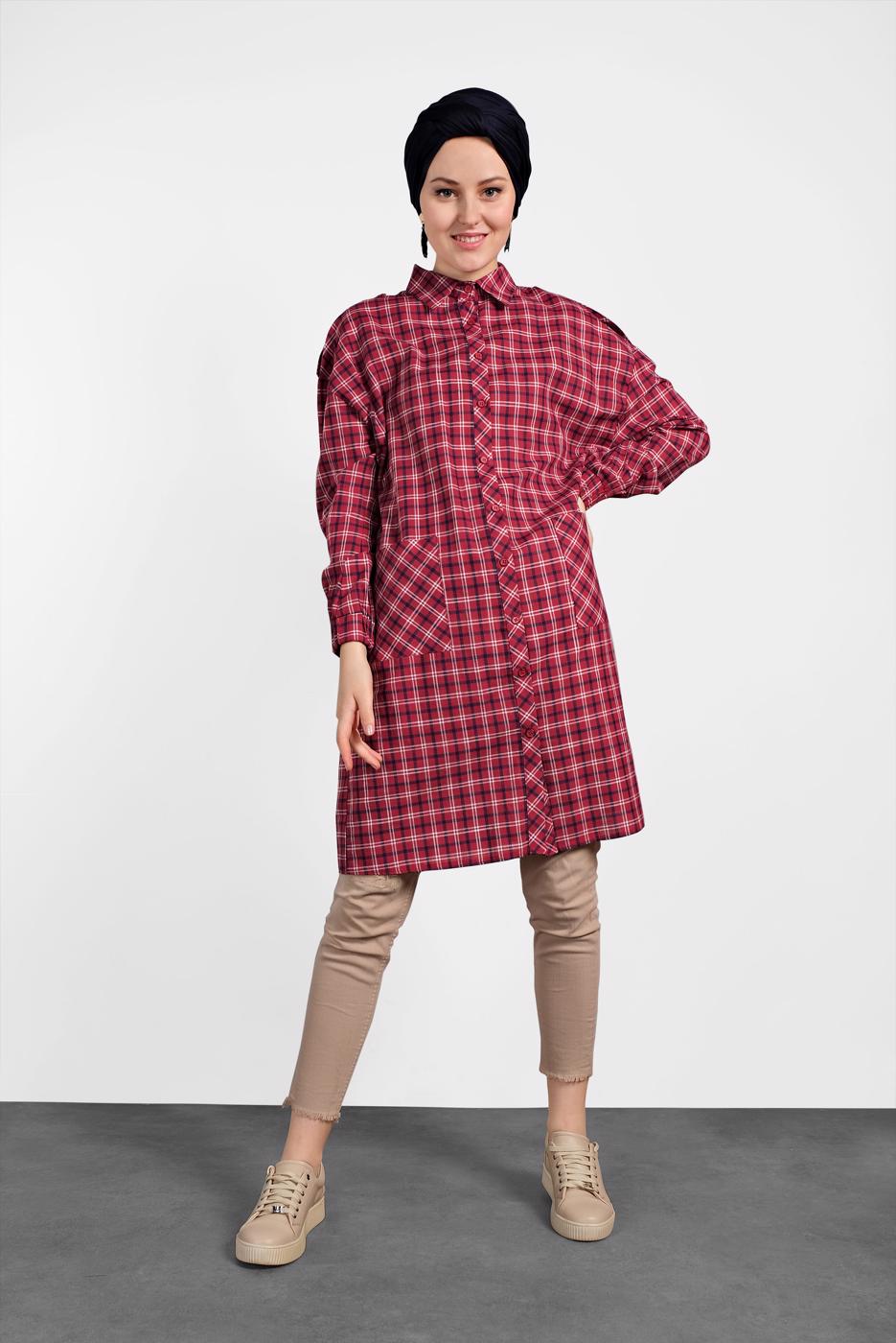 Tesettür giyim KIRMIZI ALVİNA EKOSE DESENLİ TUNİK 4305