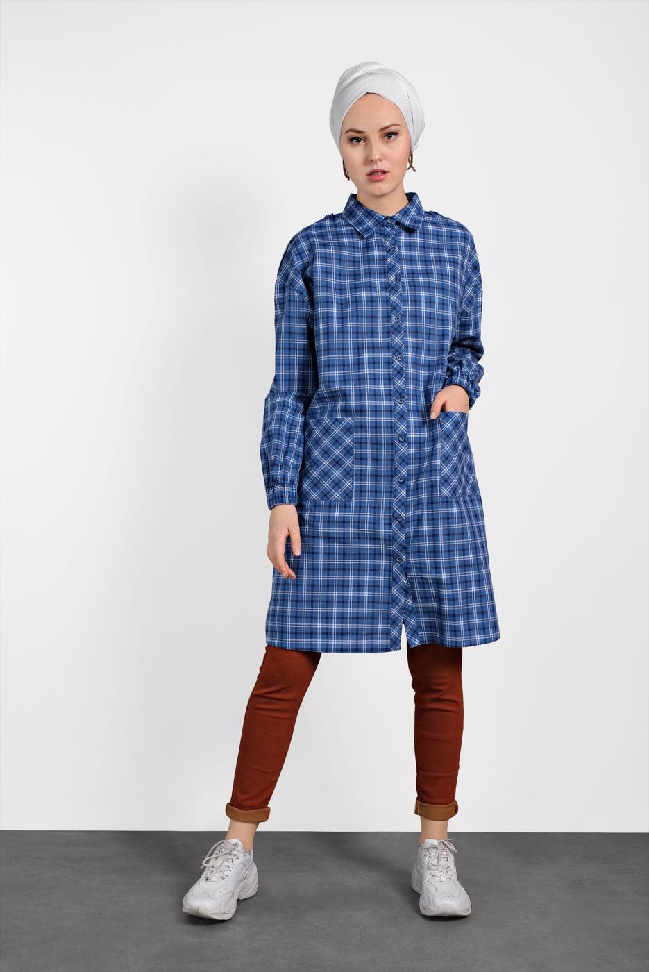 Tesettür giyim LACİVERT ALVİNA EKOSE DESENLİ TUNİK 4305