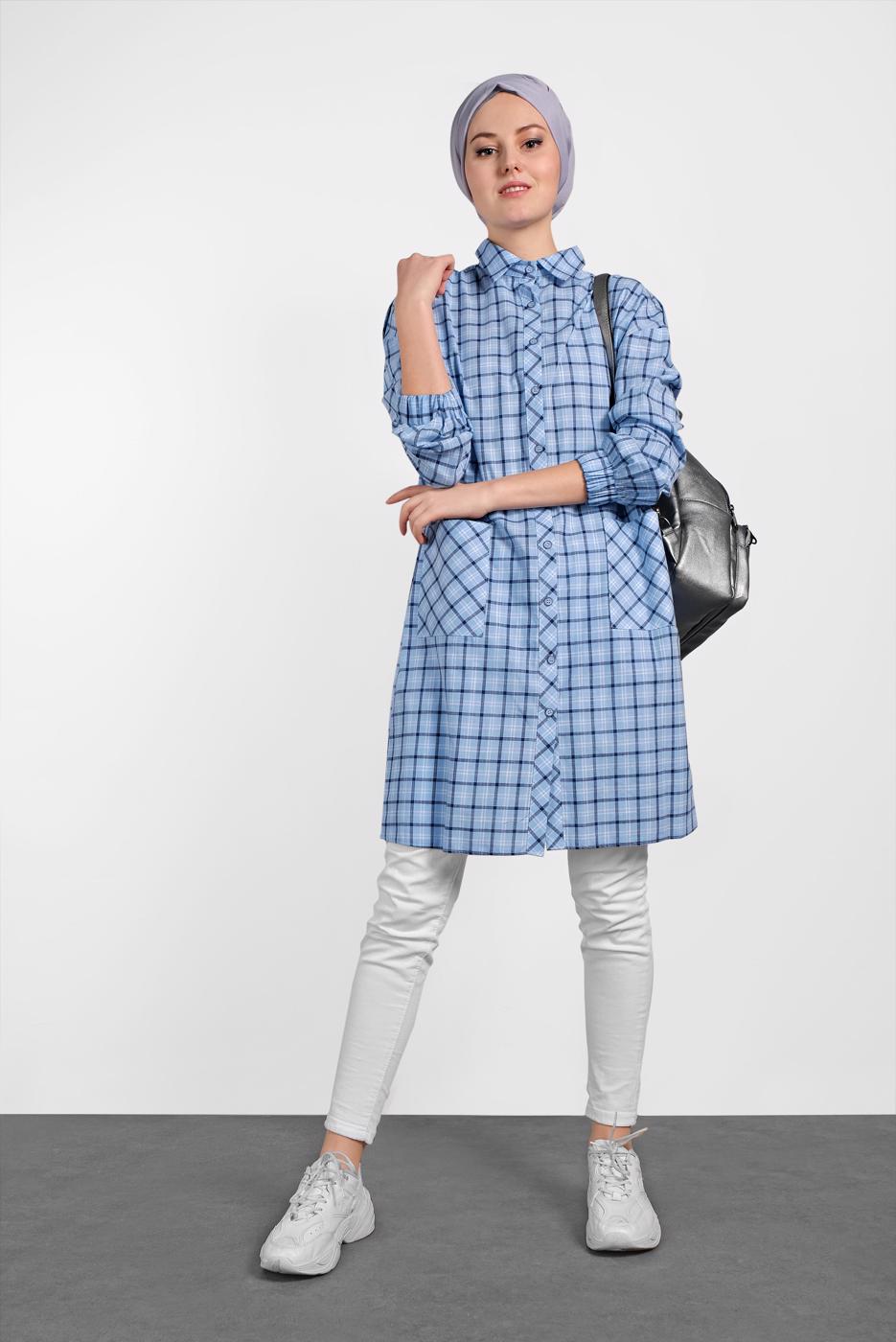 Tesettür giyim MAVİ ALVİNA EKOSE DESENLİ TUNİK 4305