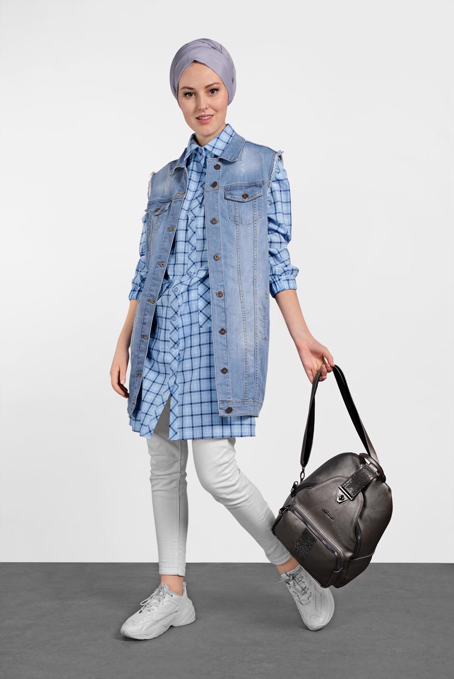 Tesettür giyim MAVİ ALVİNA EKOSE DESENLİ TUNİK 4305