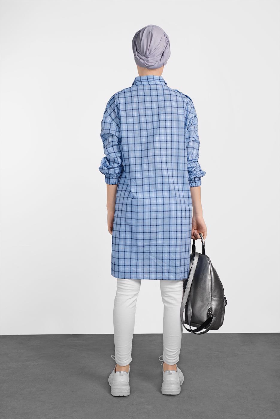 Tesettür giyim MAVİ ALVİNA EKOSE DESENLİ TUNİK 4305