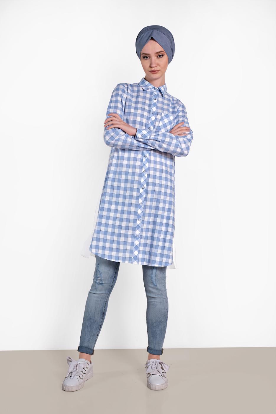 Tesettür giyim MAVİ ALVİNA KARELİ YAZI BASKILI TUNİK 4308