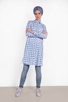 Tesettür giyim MAVİ ALVİNA KARELİ YAZI BASKILI TUNİK 4308