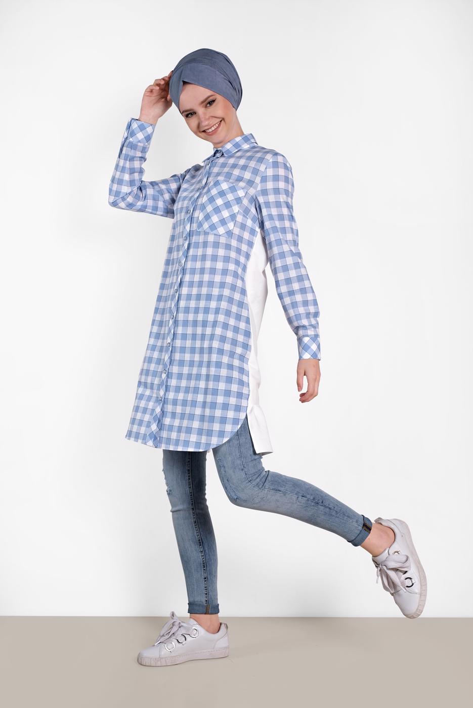Tesettür giyim MAVİ ALVİNA KARELİ YAZI BASKILI TUNİK 4308
