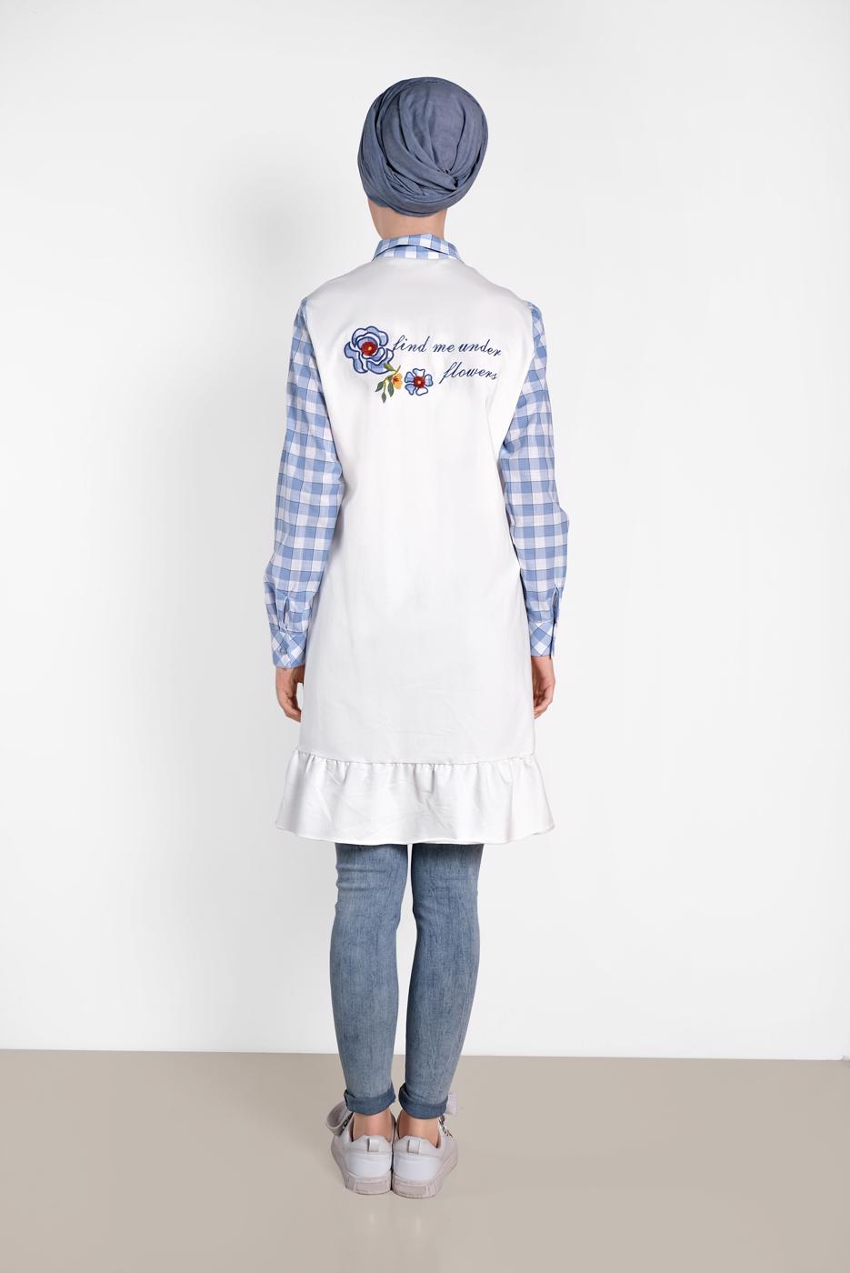 Tesettür giyim MAVİ ALVİNA KARELİ YAZI BASKILI TUNİK 4308