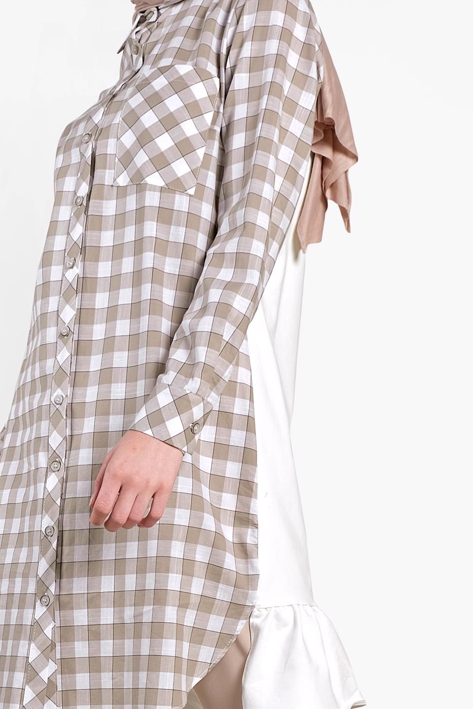 Tesettür giyim BEJ ALVİNA KARELİ YAZI BASKILI TUNİK 4308