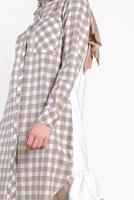 Tesettür giyim BEJ ALVİNA KARELİ YAZI BASKILI TUNİK 4308