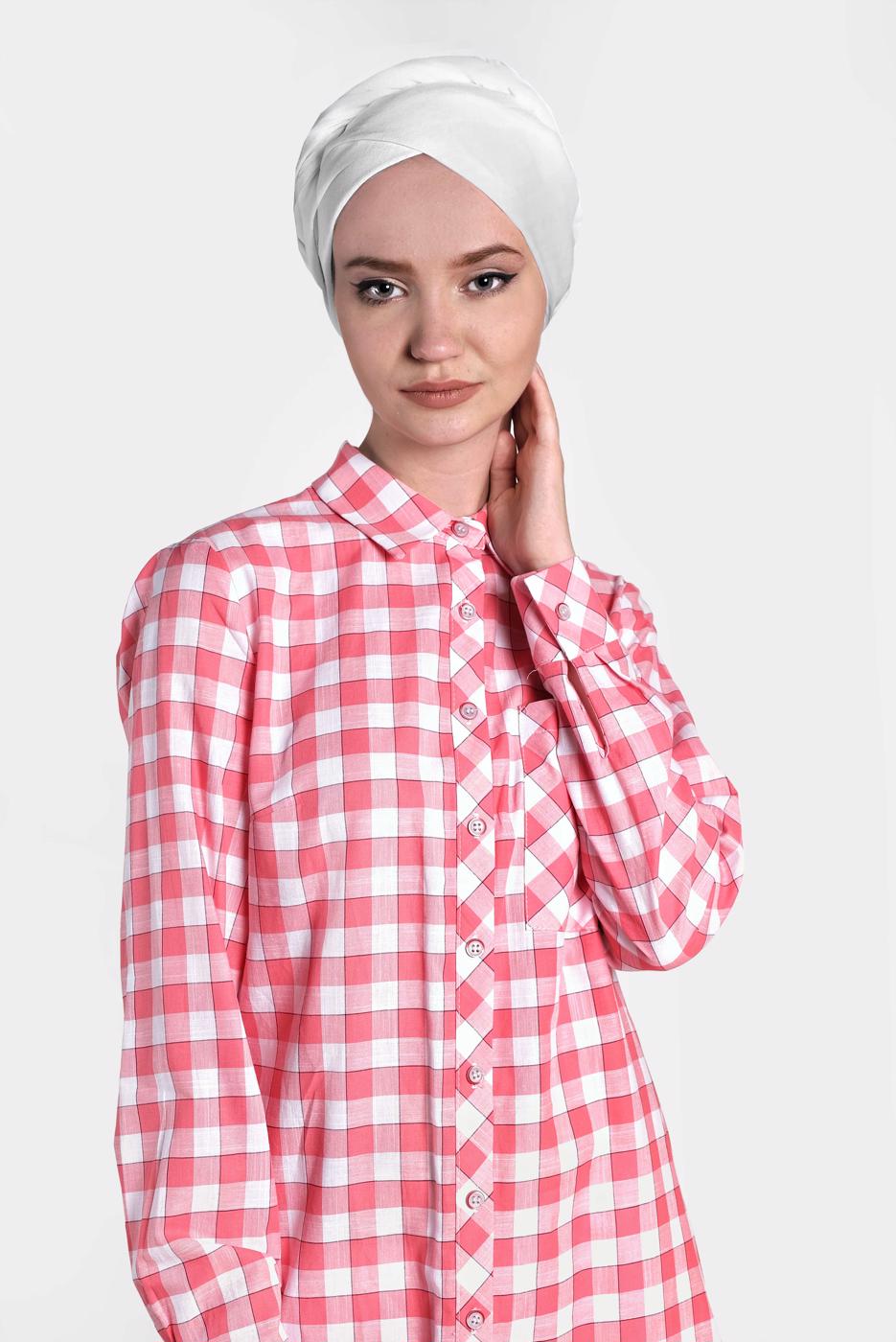 Tesettür giyim MERCAN ALVİNA KARELİ YAZI BASKILI TUNİK 4308