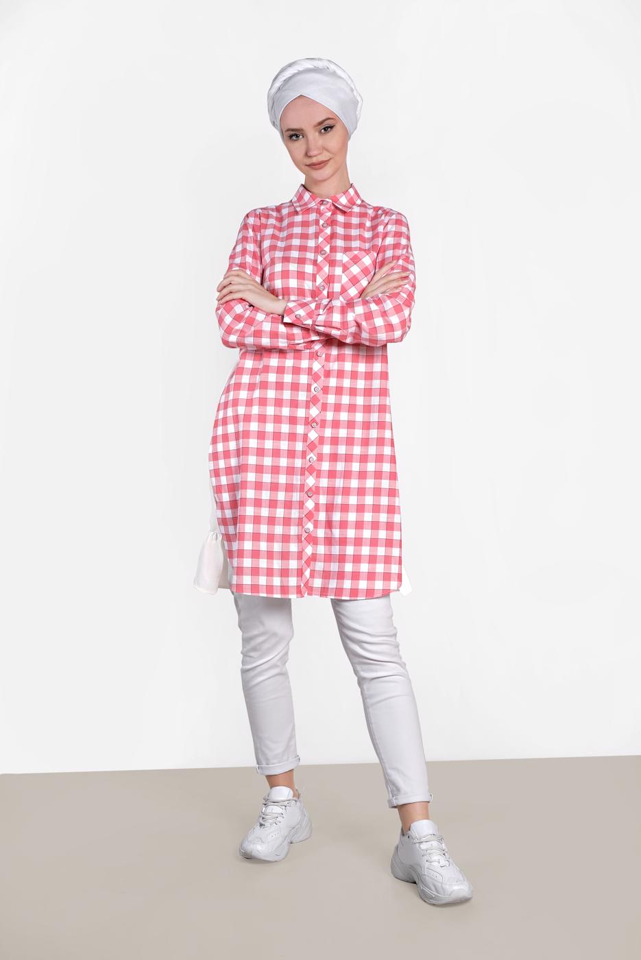 Tesettür giyim MERCAN ALVİNA KARELİ YAZI BASKILI TUNİK 4308