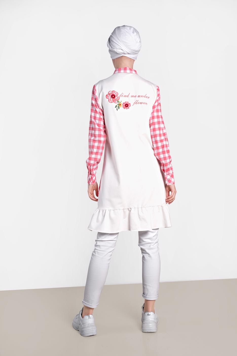 Tesettür giyim MERCAN ALVİNA KARELİ YAZI BASKILI TUNİK 4308