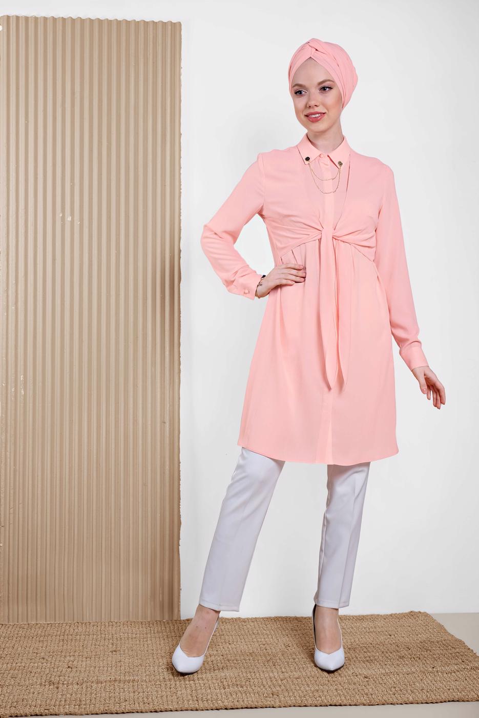 Tesettür giyim PUDRA ALVİNA ÖNÜ BAĞLAMA DETAYLI TUNİK 4313 