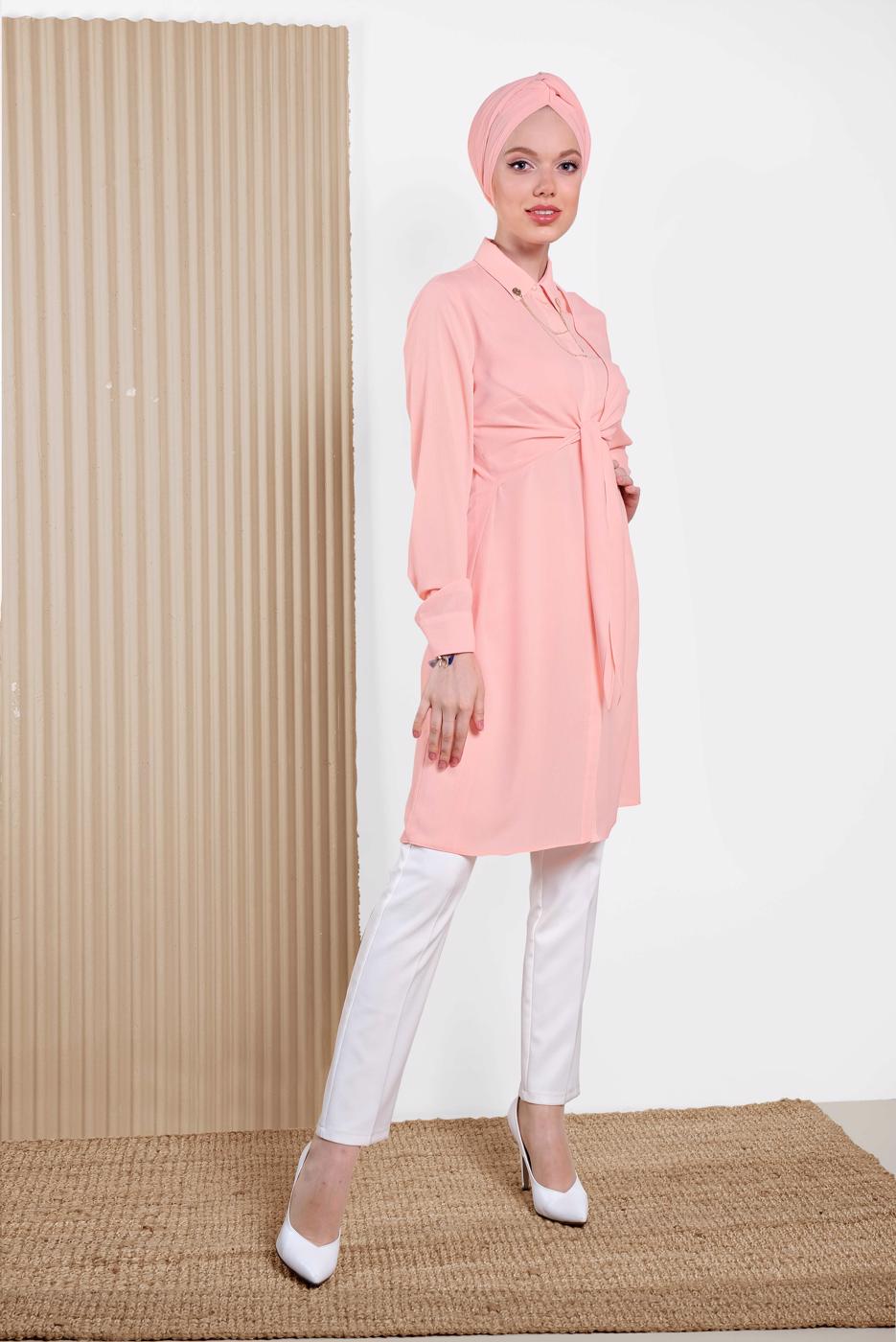 Tesettür giyim PUDRA ALVİNA ÖNÜ BAĞLAMA DETAYLI TUNİK 4313 