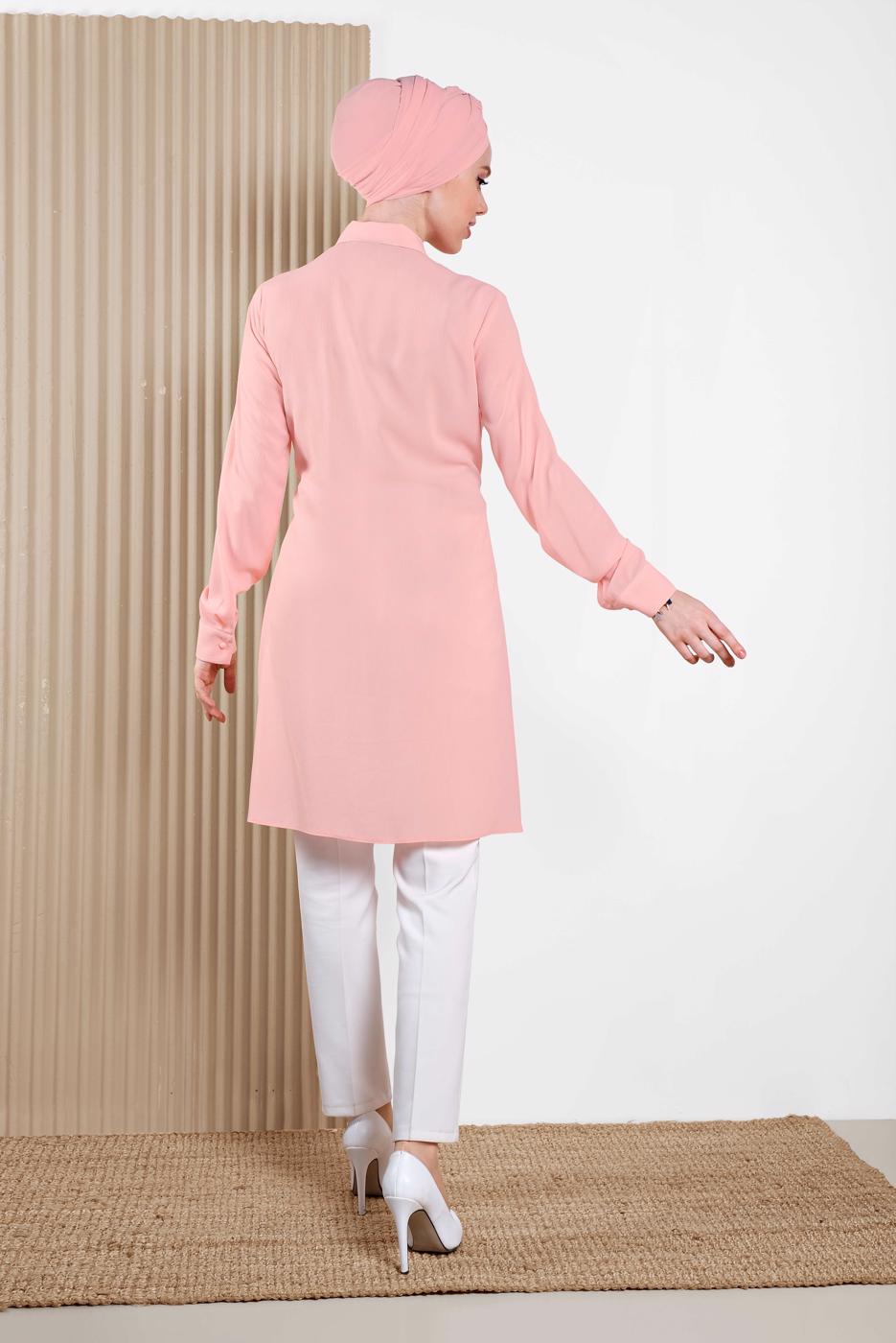 Tesettür giyim PUDRA ALVİNA ÖNÜ BAĞLAMA DETAYLI TUNİK 4313 