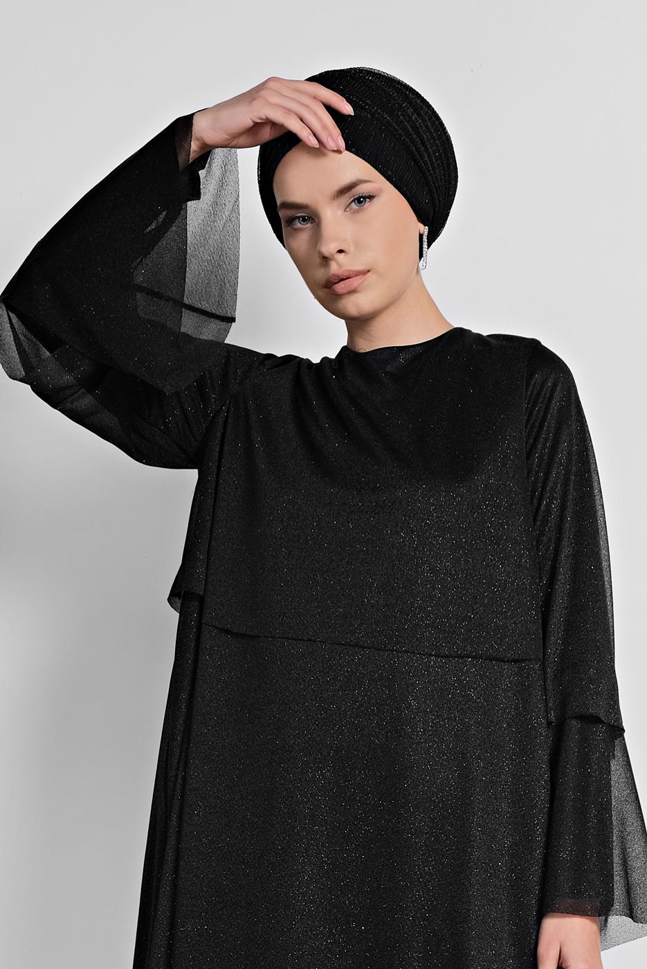 Tesettür giyim SİYAH ALVİNA VOLANLI SİMLİ TUNİK 4316