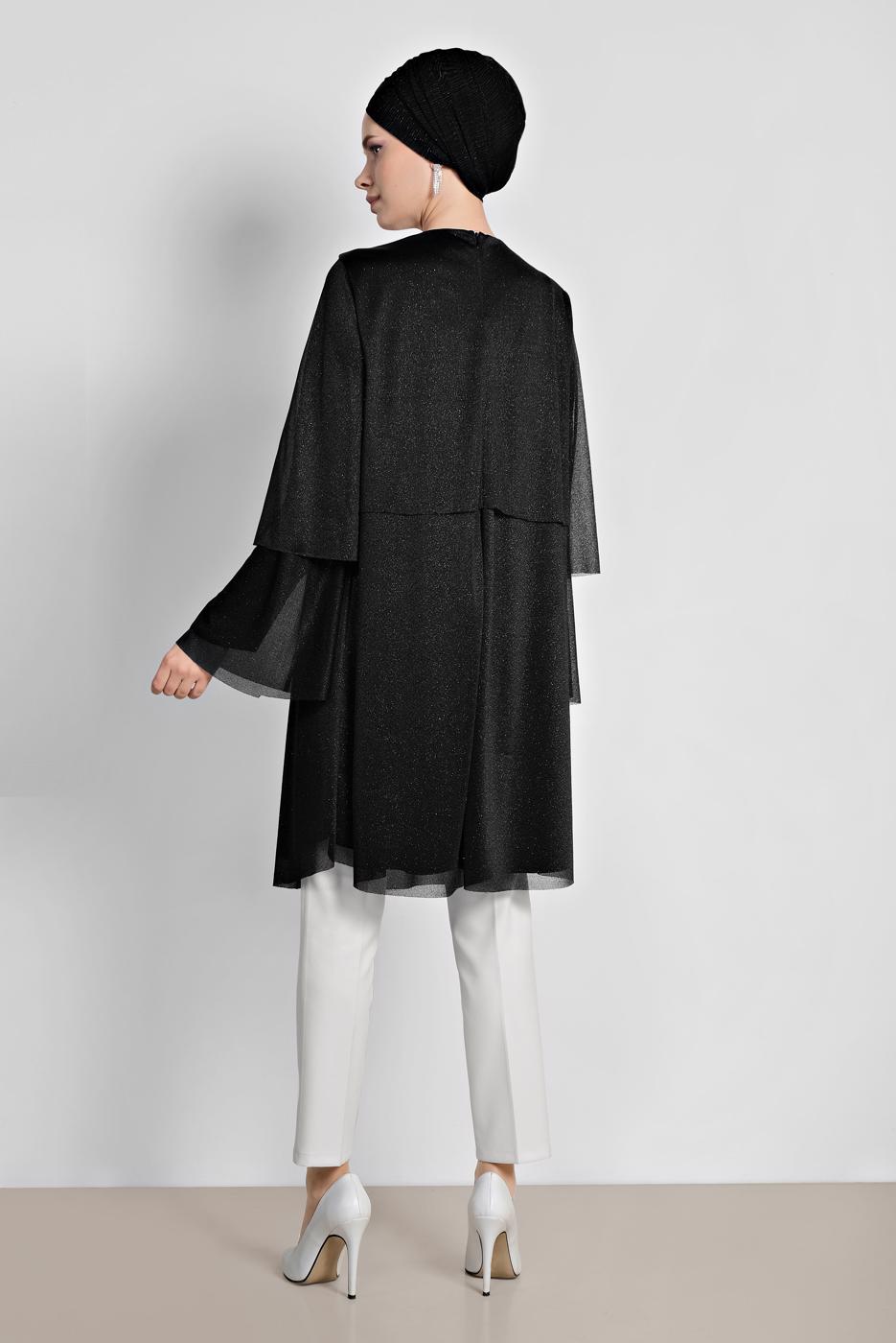 Tesettür giyim SİYAH ALVİNA VOLANLI SİMLİ TUNİK 4316