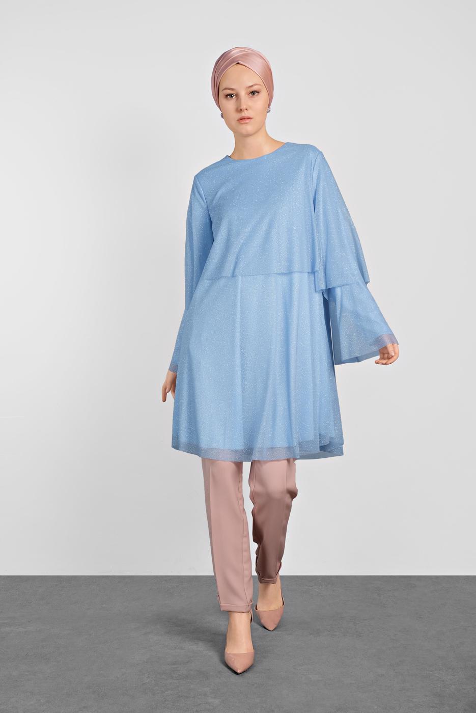 Tesettür giyim MAVİ ALVİNA VOLANLI SİMLİ TUNİK 4316