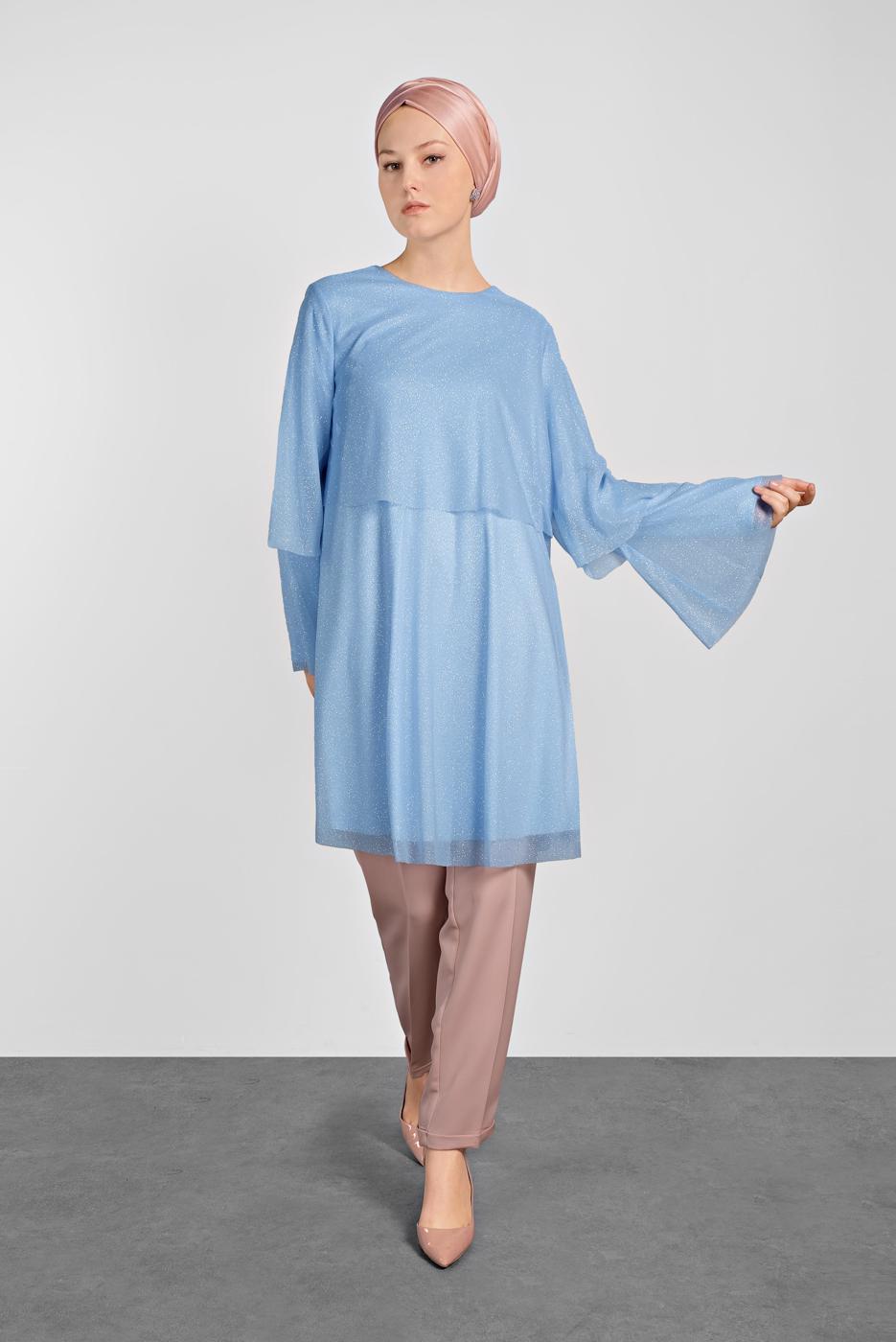 Tesettür giyim MAVİ ALVİNA VOLANLI SİMLİ TUNİK 4316