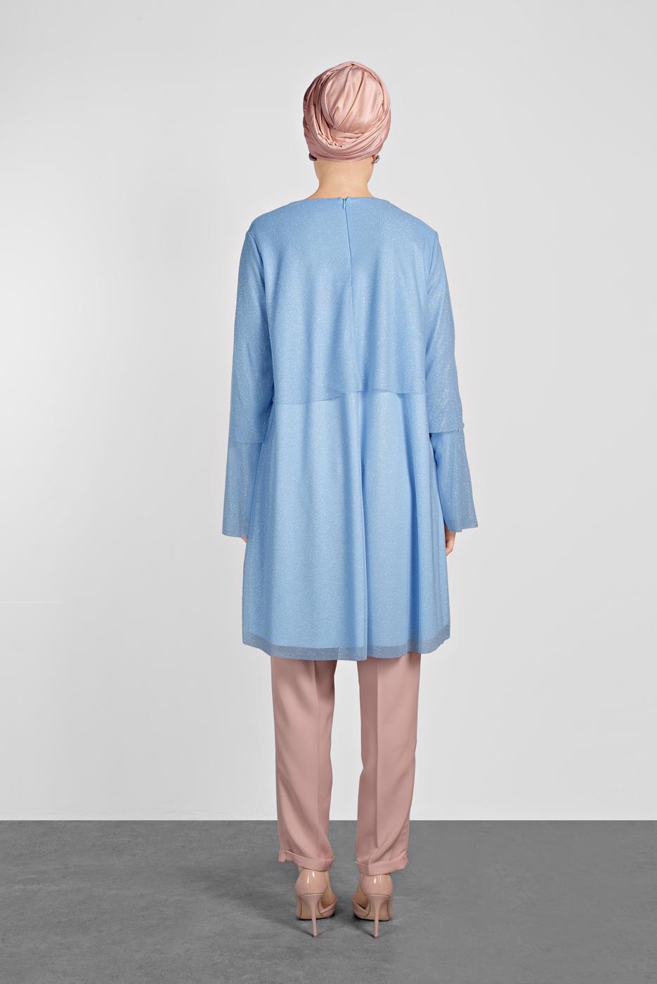 Tesettür giyim MAVİ ALVİNA VOLANLI SİMLİ TUNİK 4316