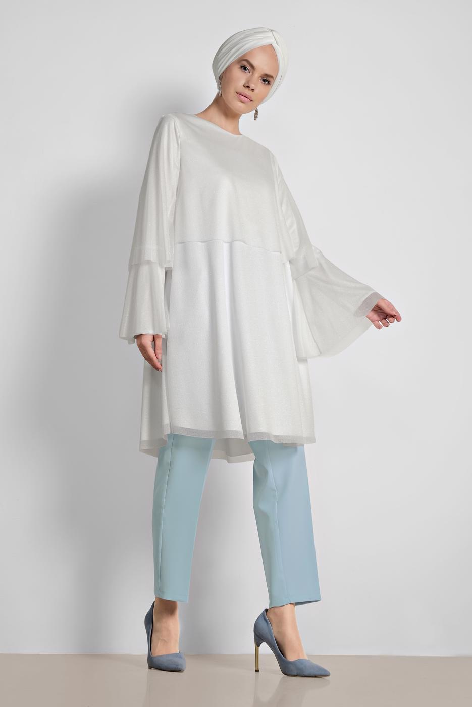 Tesettür giyim KREM ALVİNA VOLANLI SİMLİ TUNİK 4316