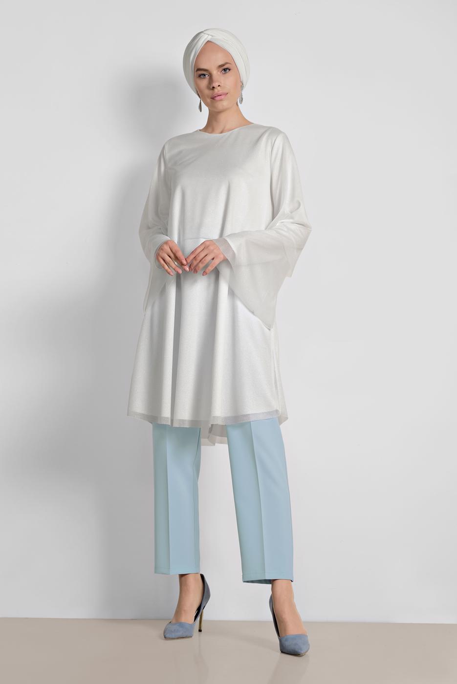 Tesettür giyim KREM ALVİNA VOLANLI SİMLİ TUNİK 4316