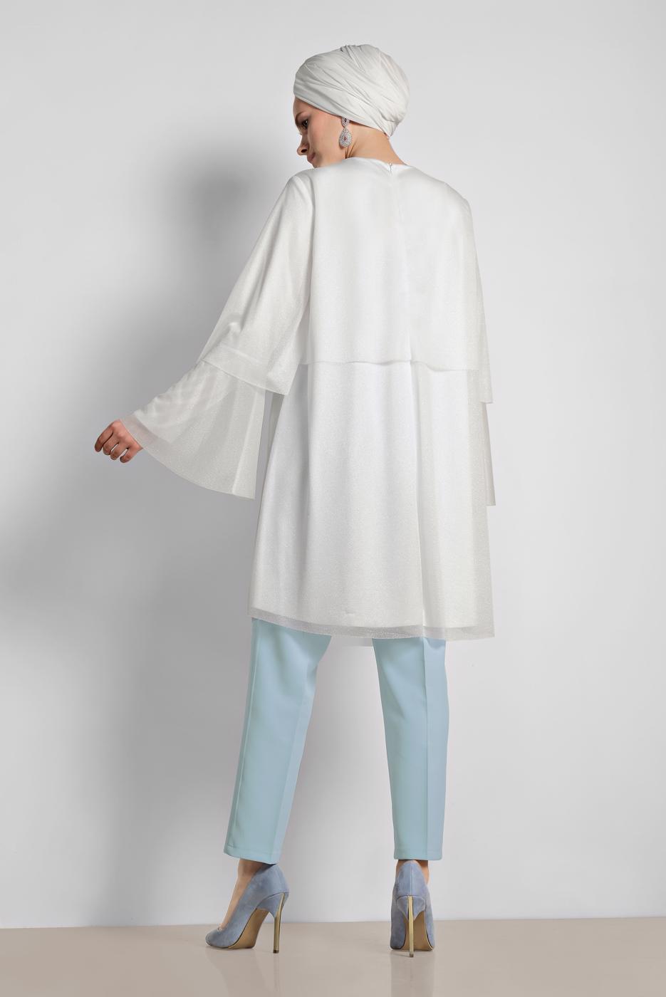 Tesettür giyim KREM ALVİNA VOLANLI SİMLİ TUNİK 4316