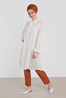 Tesettür giyim KREM ALVİNA YAKA KISMI BAĞLAMALI SALAŞ TUNİK 4337