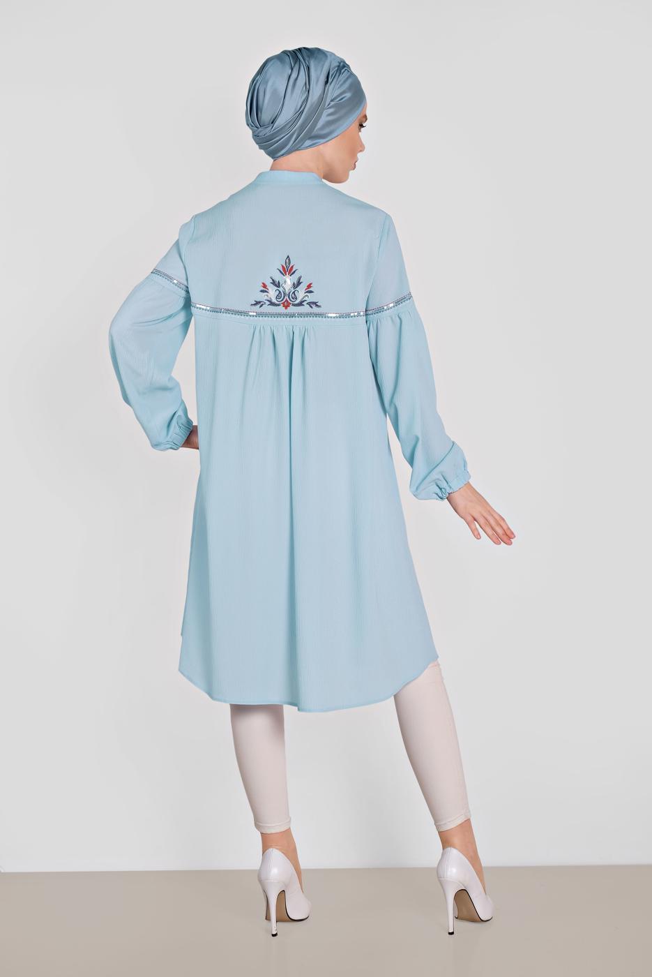 Tesettür giyim MAVİ ALVİNA YAKA KISMI BAĞLAMALI SALAŞ TUNİK 4337