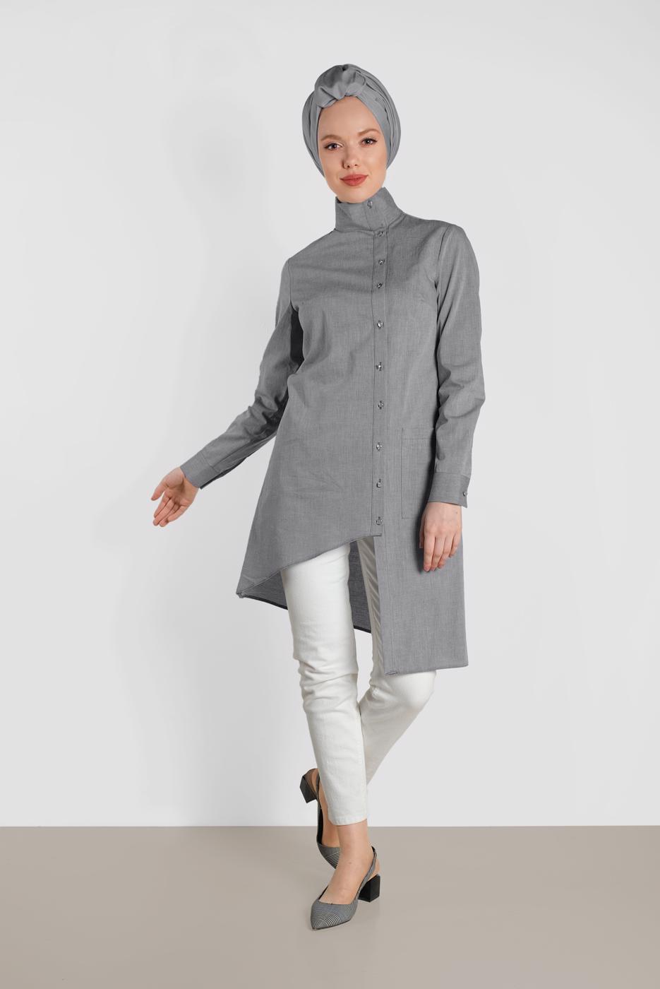 Tesettür giyim SİYAH ALVİNA ASİMETRİK KESİM DÜĞMELİ TUNİK 4371