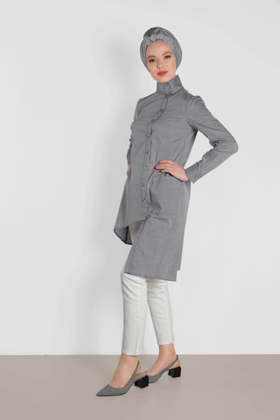 Tesettür giyim SİYAH ALVİNA ASİMETRİK KESİM DÜĞMELİ TUNİK 4371