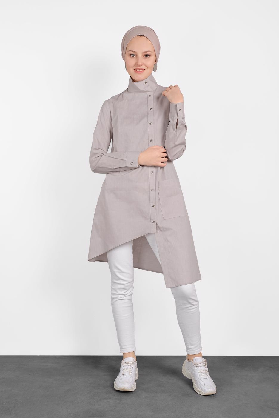 Tesettür giyim BEJ ALVİNA ASİMETRİK KESİM DÜĞMELİ TUNİK 4371