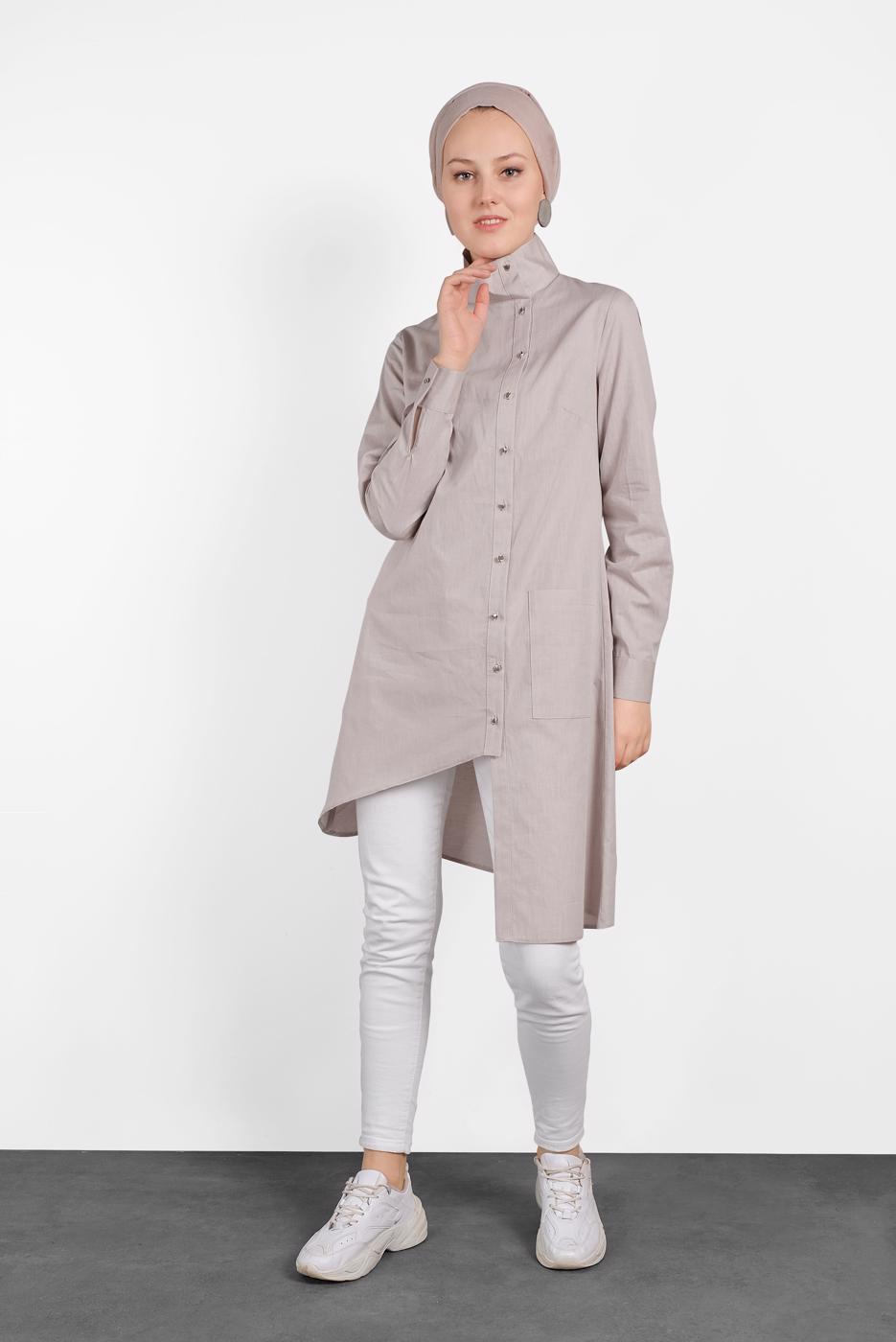 Tesettür giyim BEJ ALVİNA ASİMETRİK KESİM DÜĞMELİ TUNİK 4371