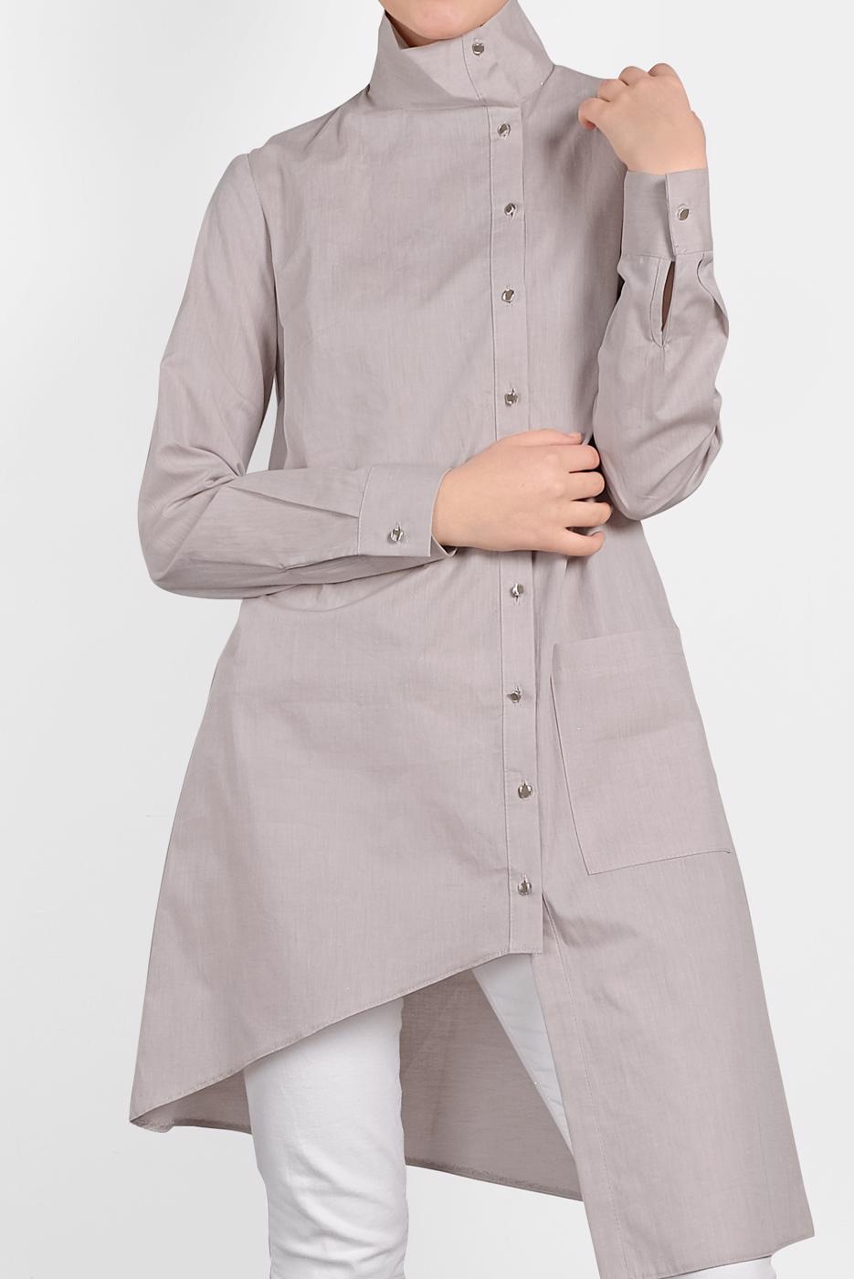 Tesettür giyim BEJ ALVİNA ASİMETRİK KESİM DÜĞMELİ TUNİK 4371