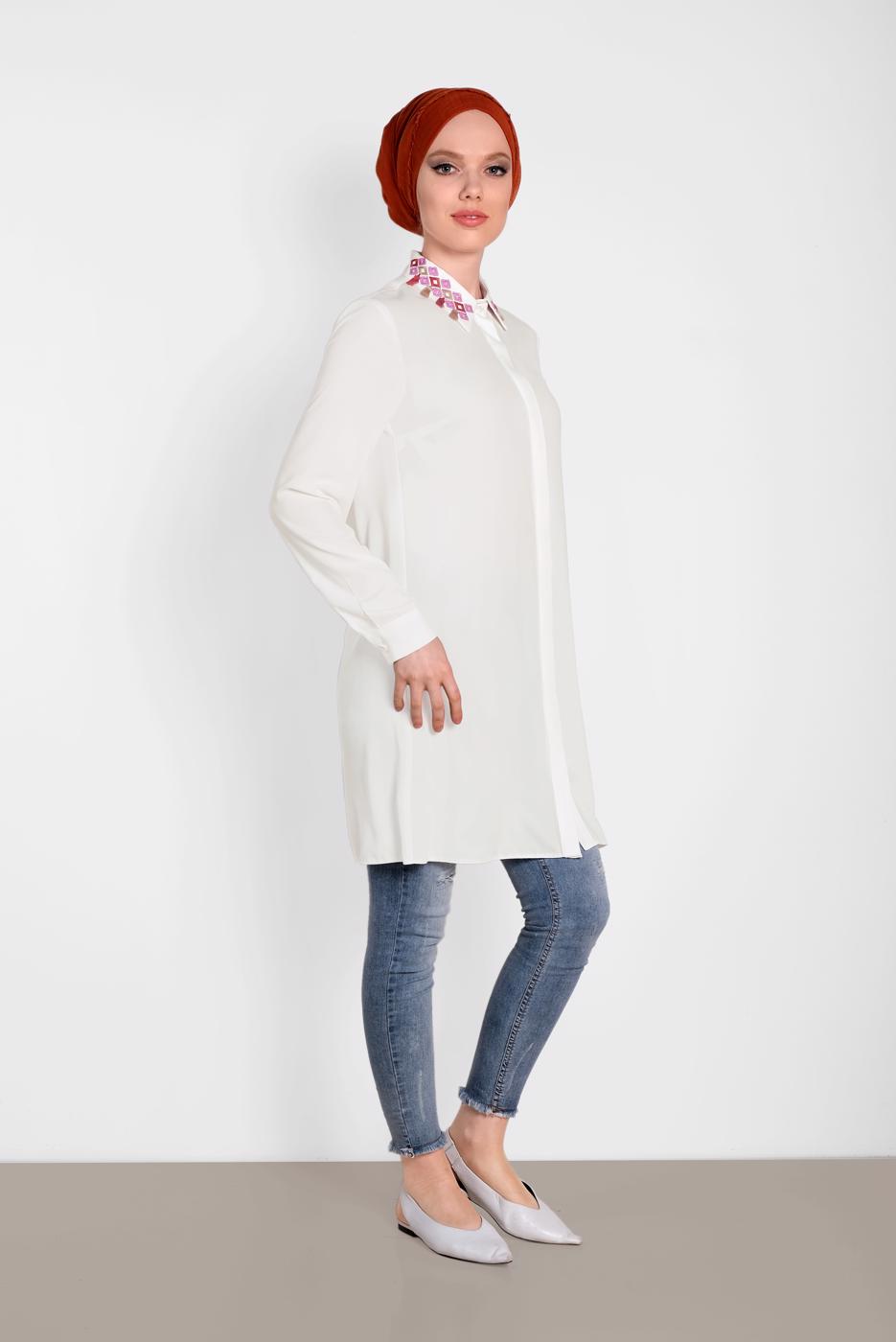 Tesettür giyim KREM ALVİNA YAKASI DETAYLI TUNİK 4387