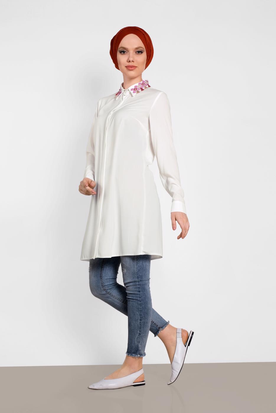 Tesettür giyim KREM ALVİNA YAKASI DETAYLI TUNİK 4387