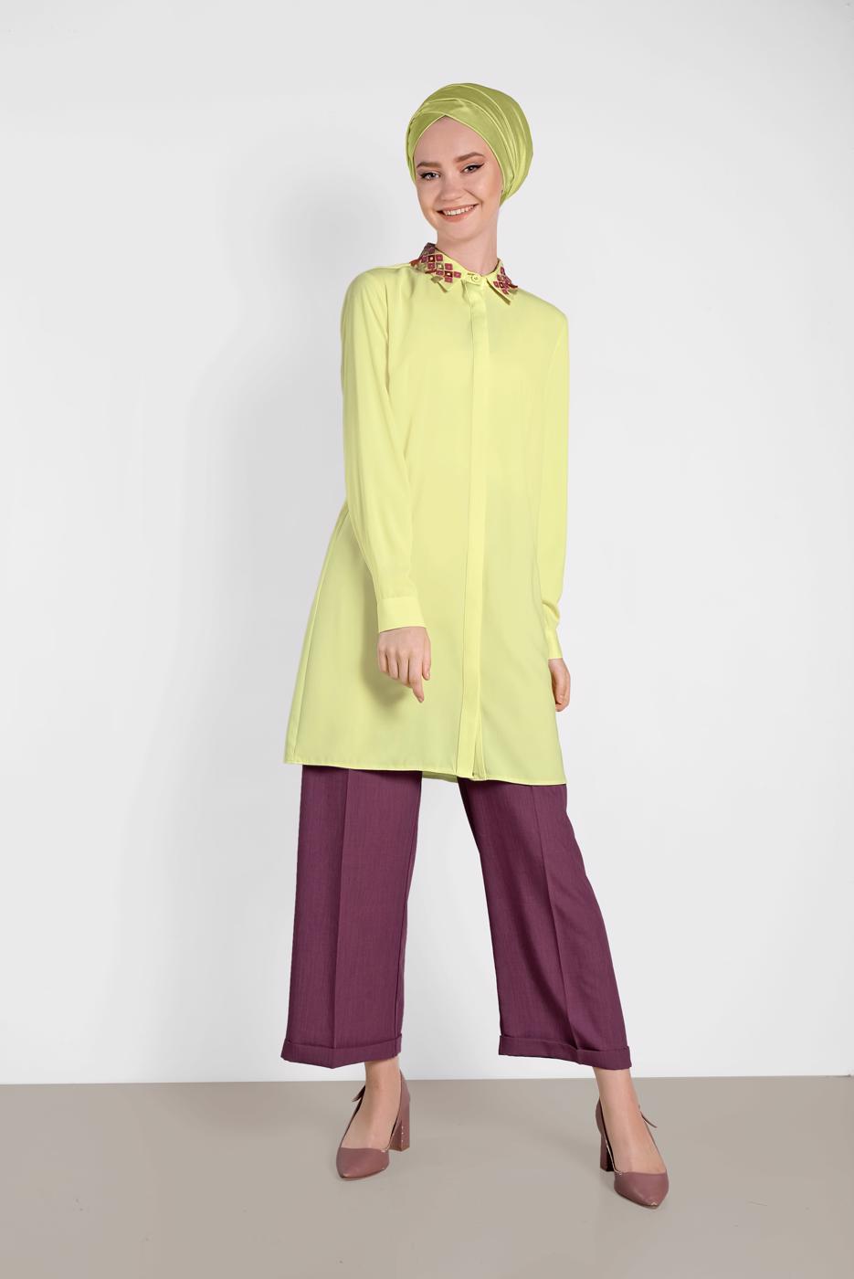 Tesettür giyim SARI ALVİNA YAKASI DETAYLI TUNİK 4387