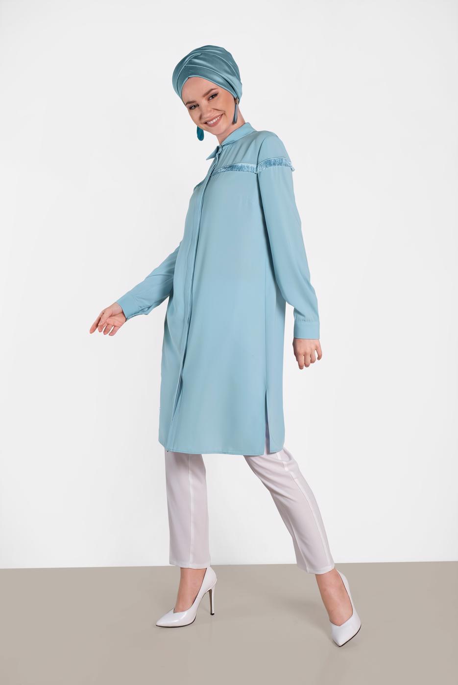 Tesettür giyim YEŞİL ALVİNA PÜSKÜL DETAYLI TUNİK 4398