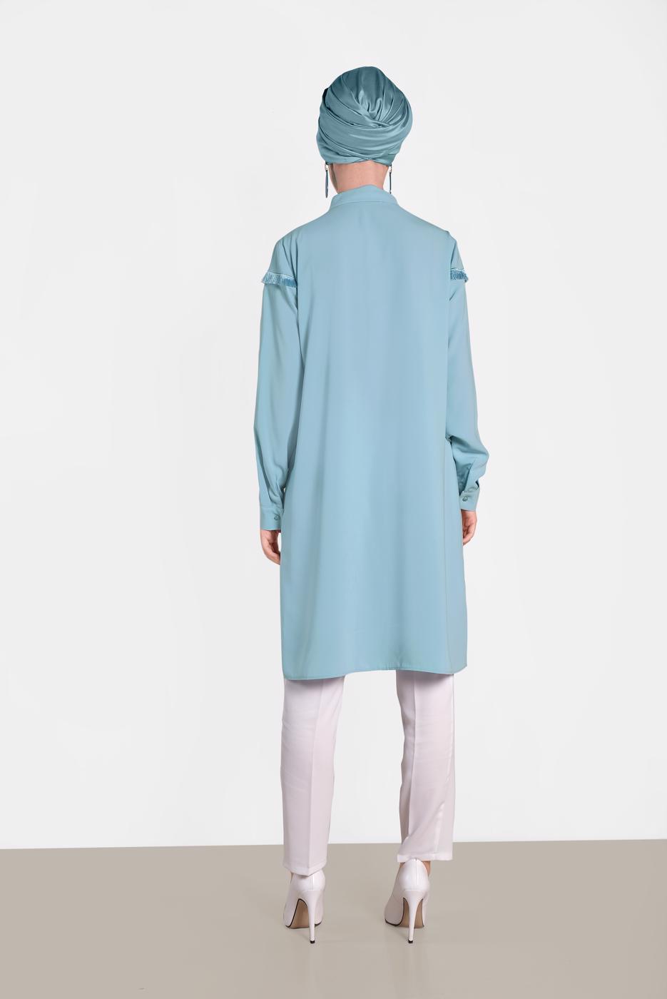 Tesettür giyim YEŞİL ALVİNA PÜSKÜL DETAYLI TUNİK 4398