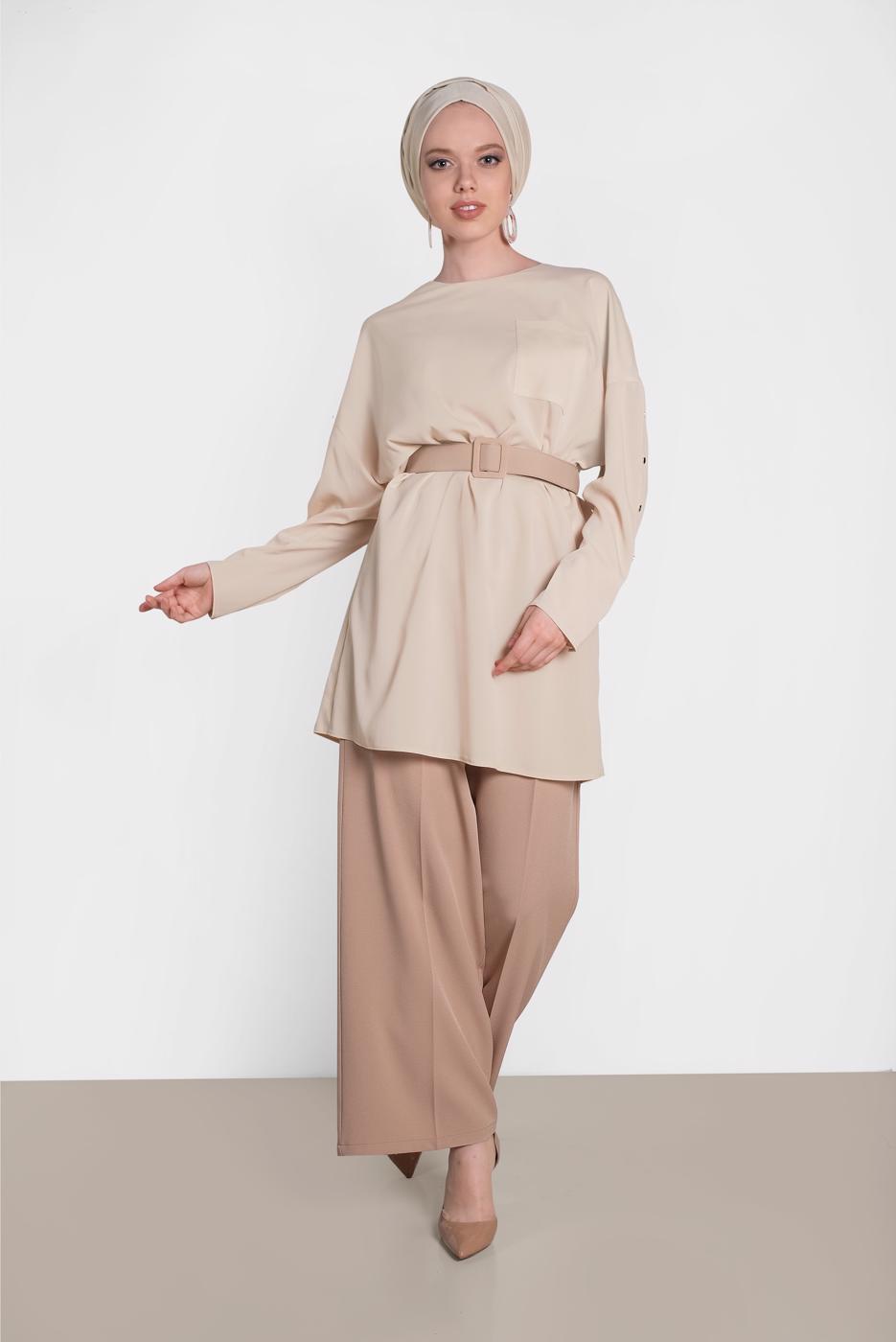 Tesettür giyim BEJ ALVİNA KLASİK TUNİK 4415