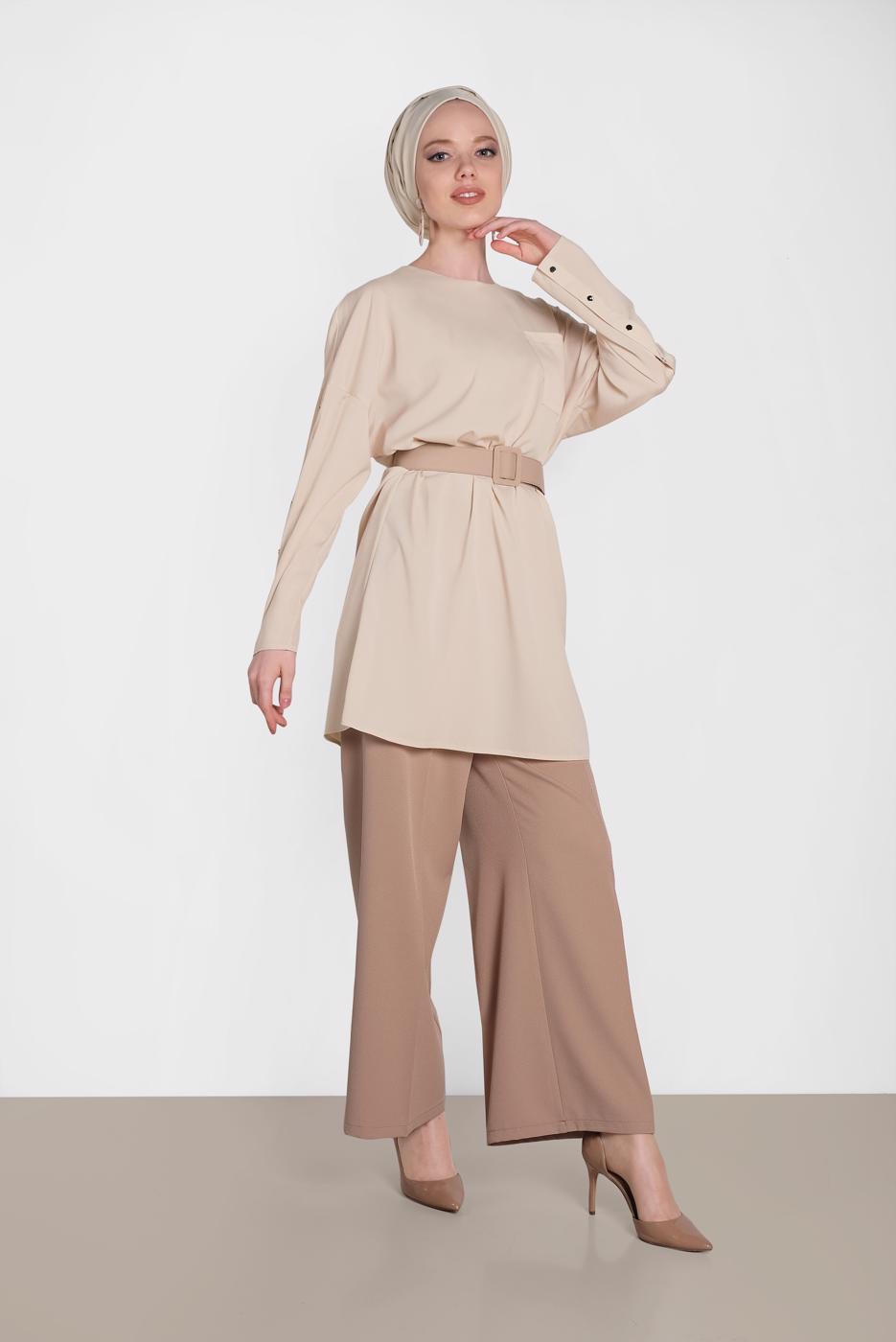 Tesettür giyim BEJ ALVİNA KLASİK TUNİK 4415